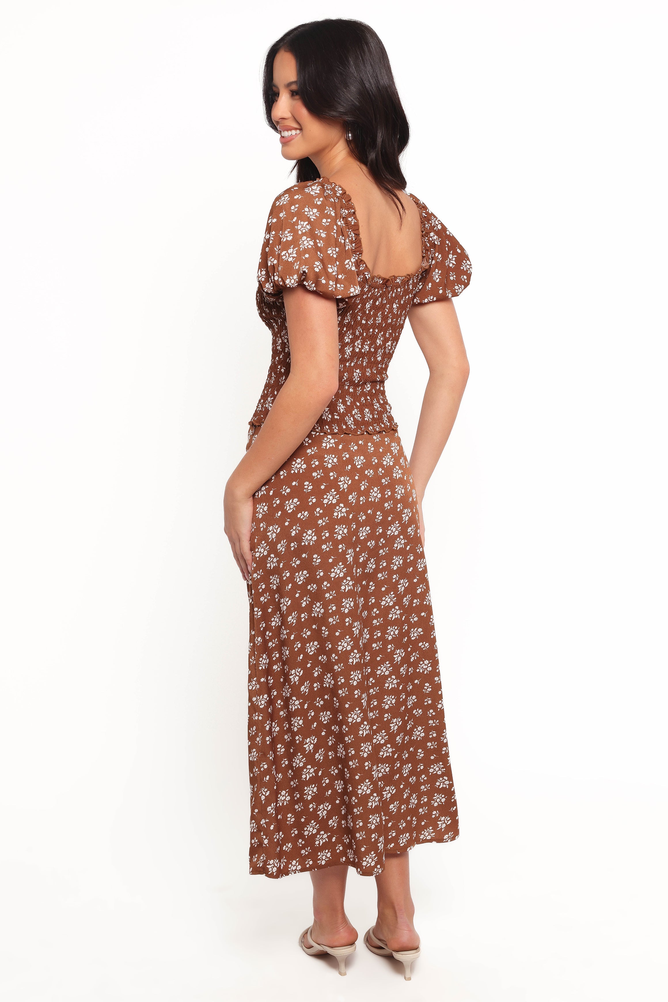 Zola Floral Skirt Set - Brown Ditsy Print Midi Outfit