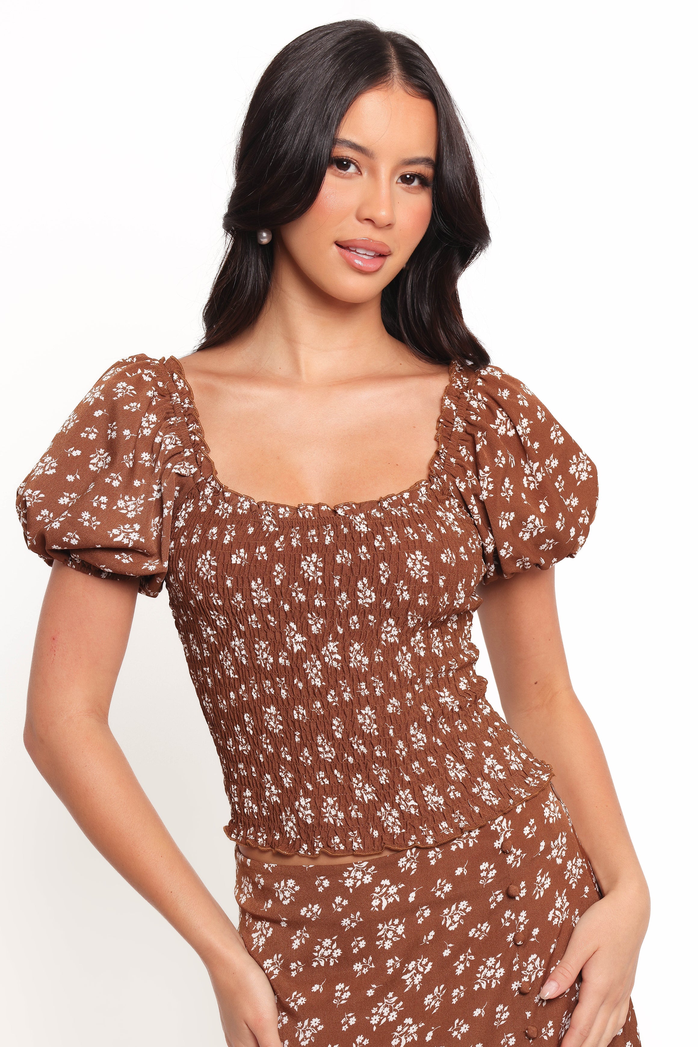 Zola Floral Skirt Set - Brown Ditsy Print Midi Outfit