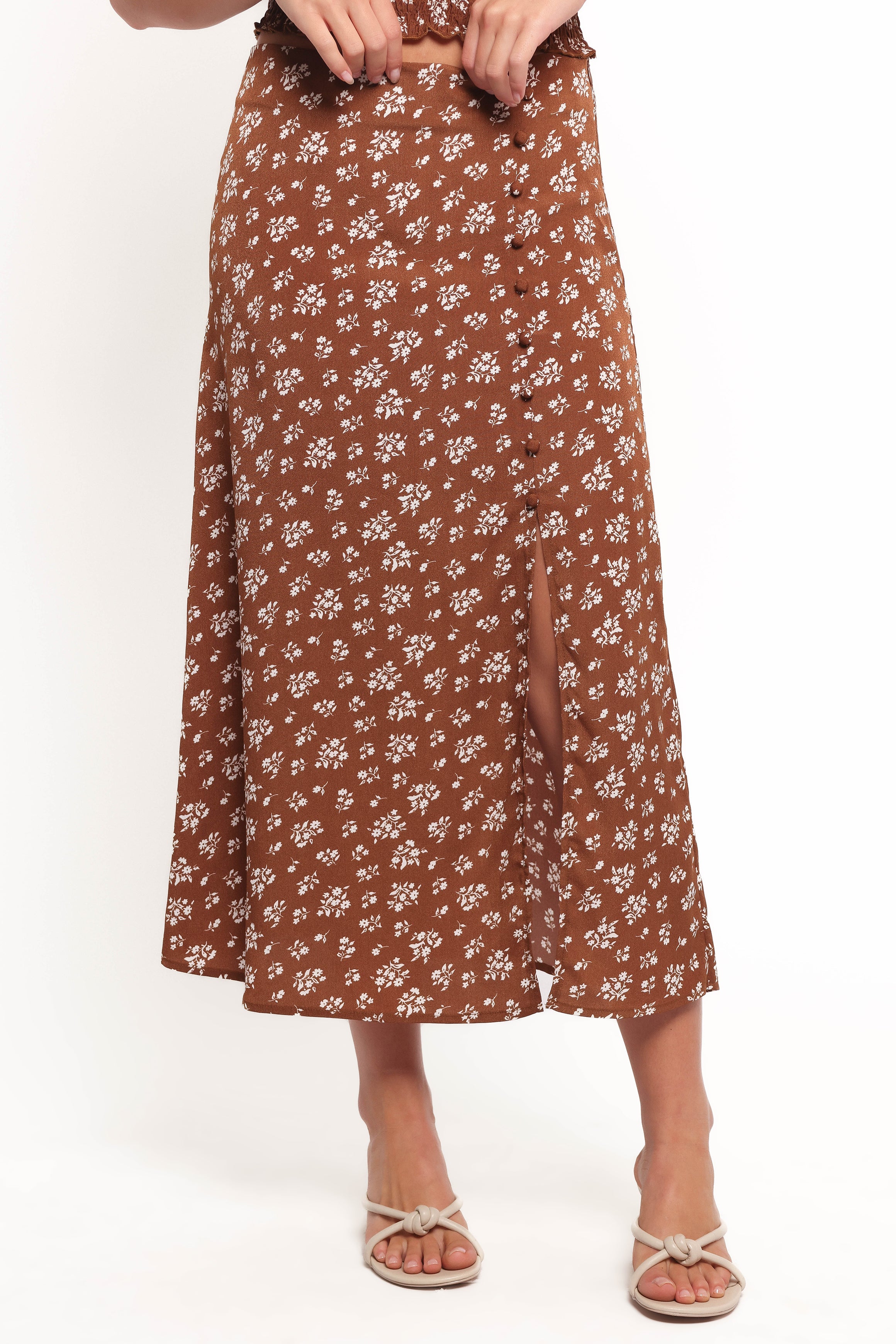 Zola Floral Skirt Set - Brown Ditsy Print Midi Outfit