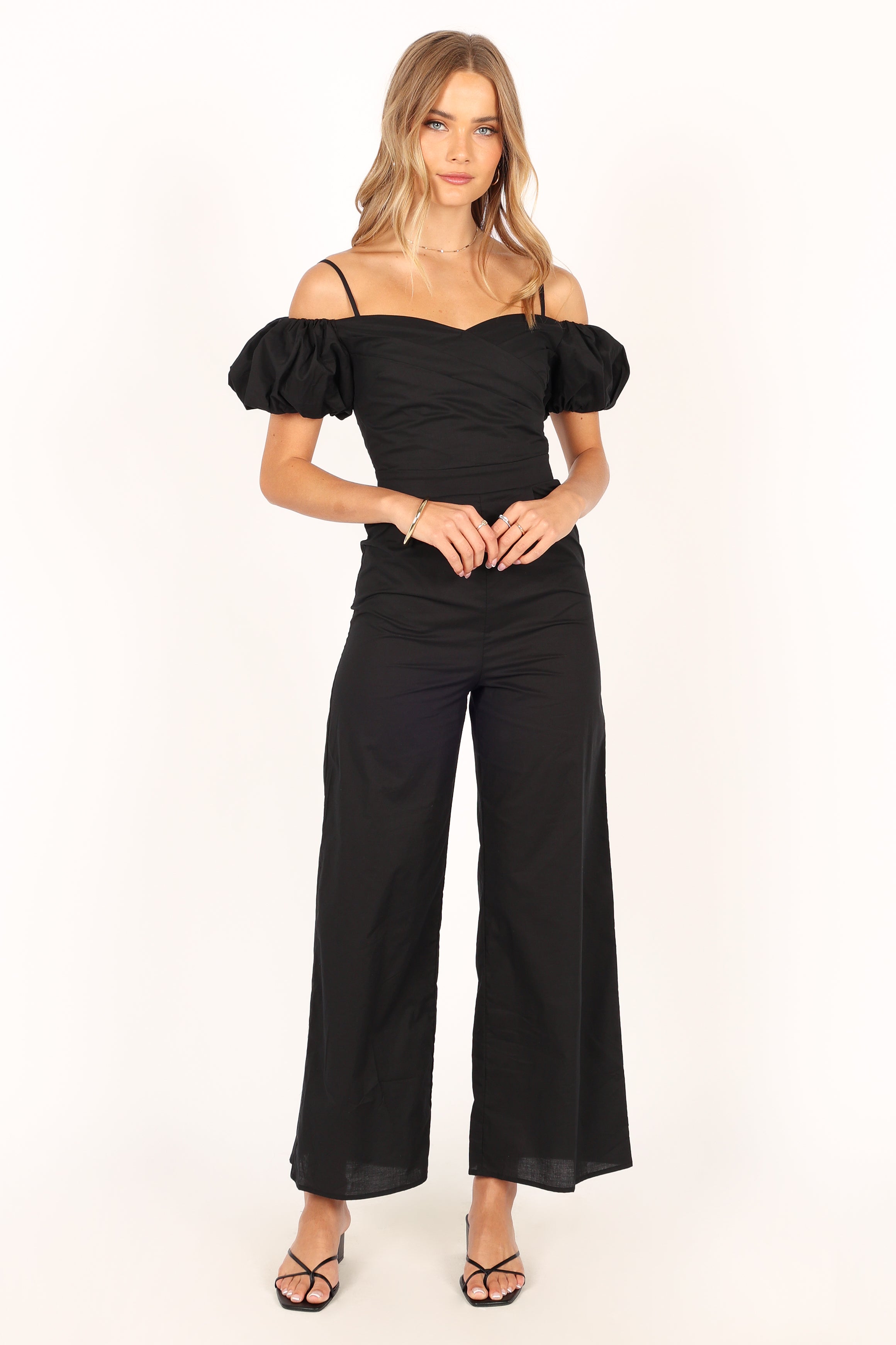 Babs Black Jumpsuit with Sweetheart Neckline & Pleated Detail
