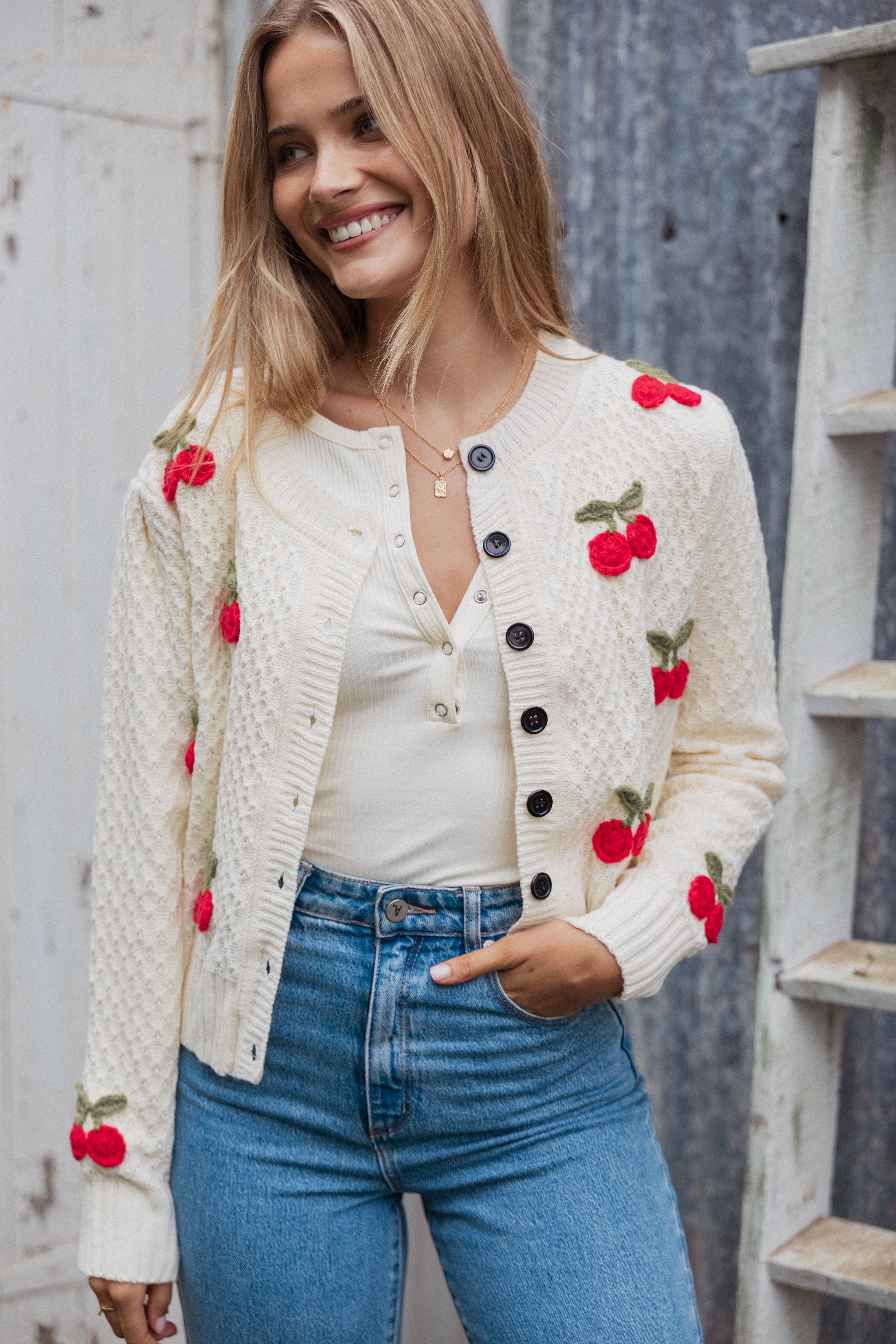 Cream Trudie Cherry Cardigan with Ribbed Cuffs & Button Front