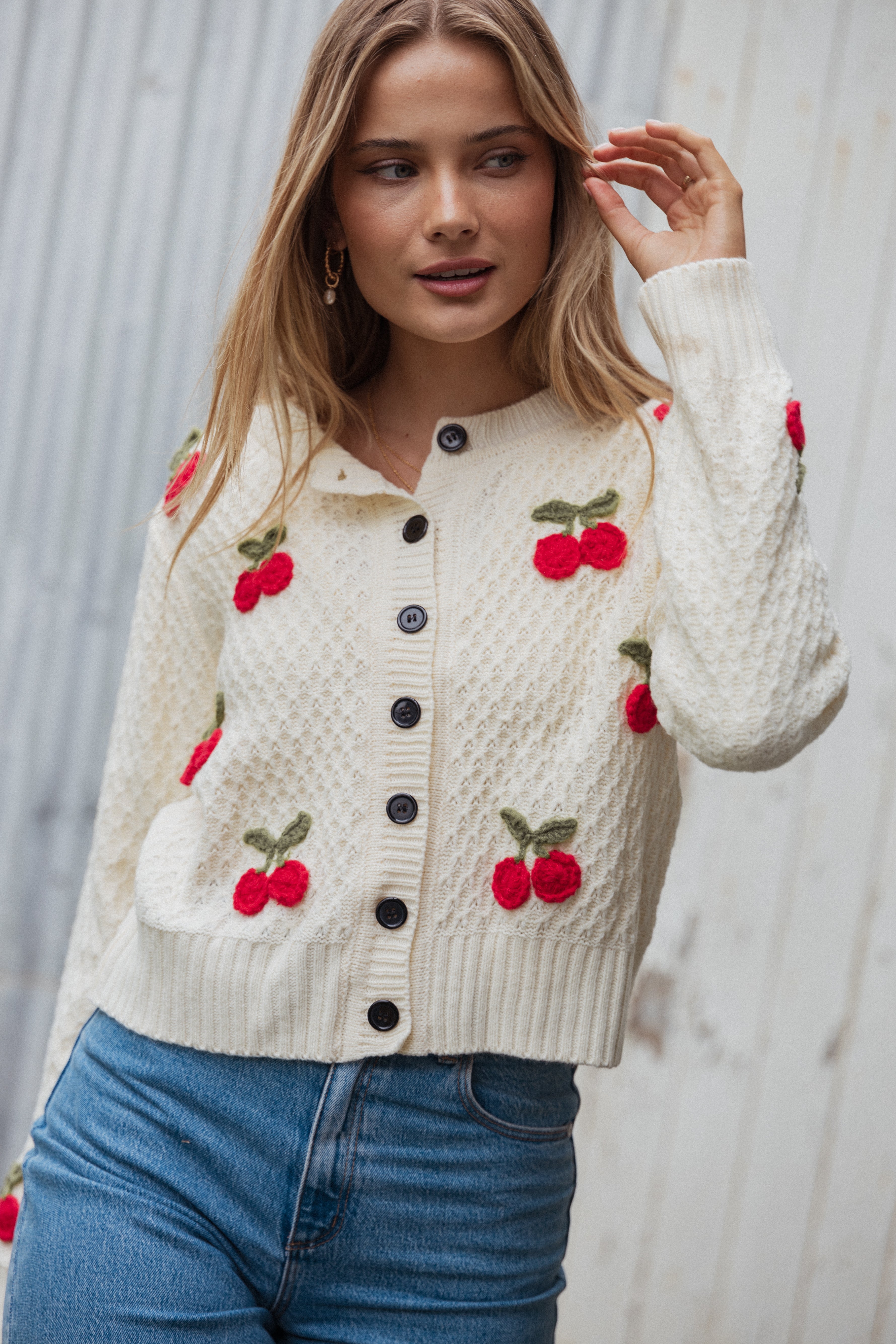 Cream Trudie Cherry Cardigan with Ribbed Cuffs & Button Front