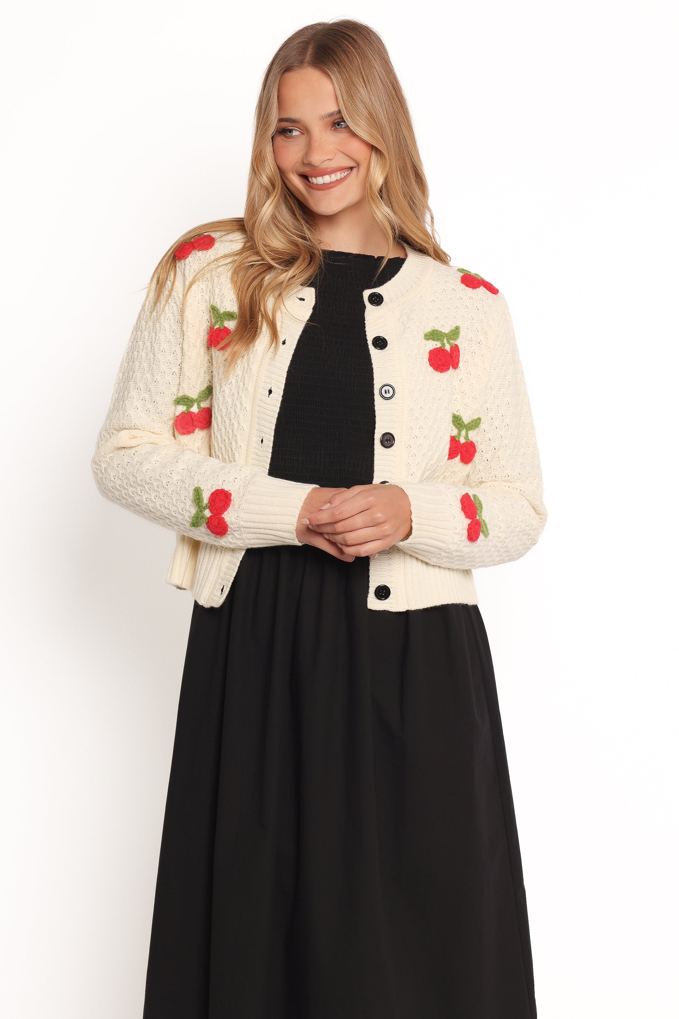 Cream Trudie Cherry Cardigan with Ribbed Cuffs & Button Front