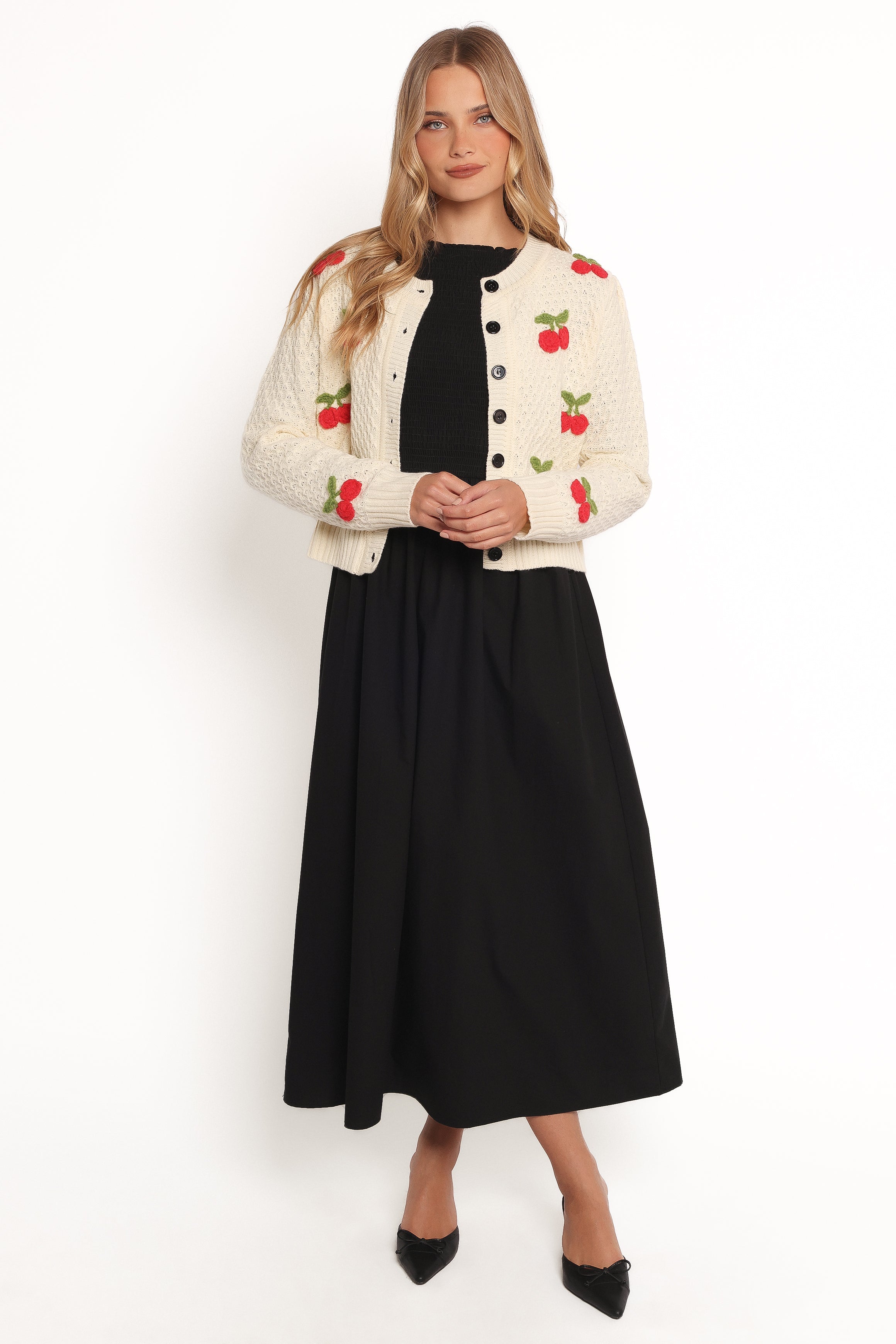 Cream Trudie Cherry Cardigan with Ribbed Cuffs & Button Front