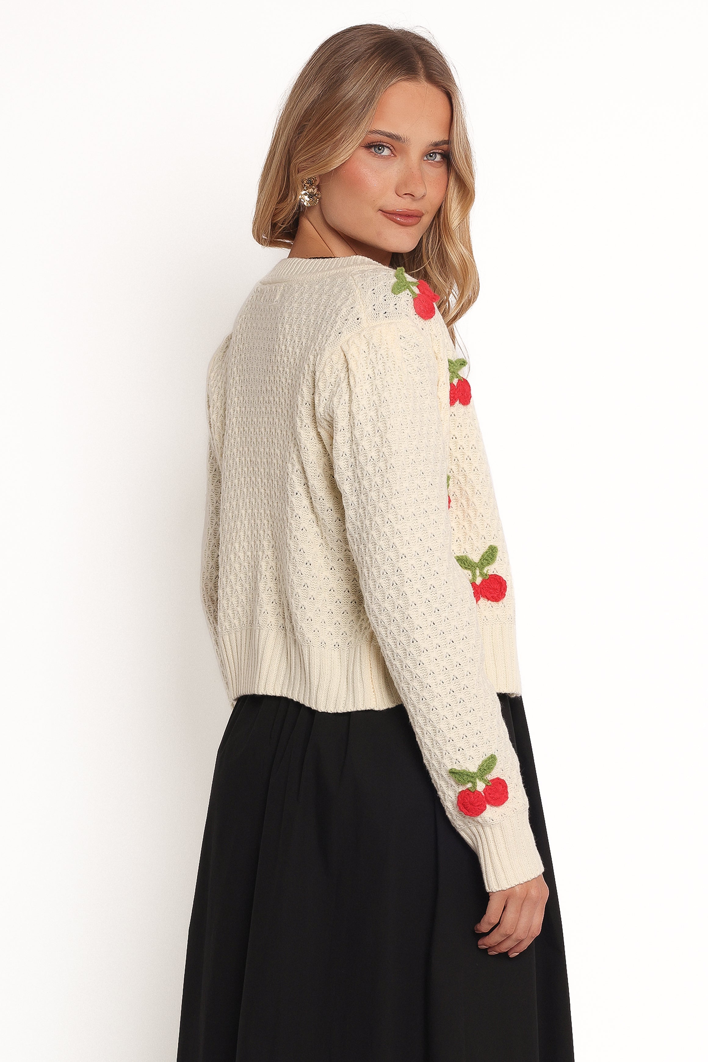 Cream Trudie Cherry Cardigan with Ribbed Cuffs & Button Front