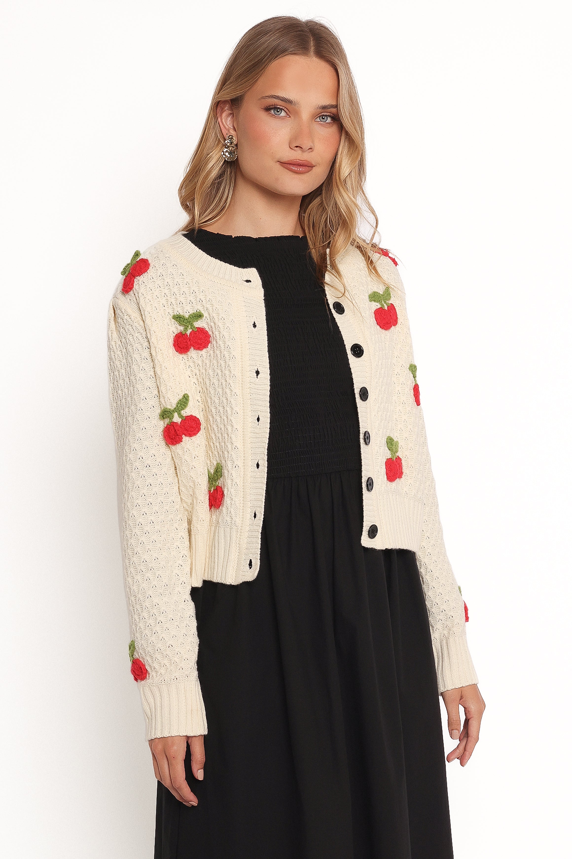 Cream Trudie Cherry Cardigan with Ribbed Cuffs & Button Front