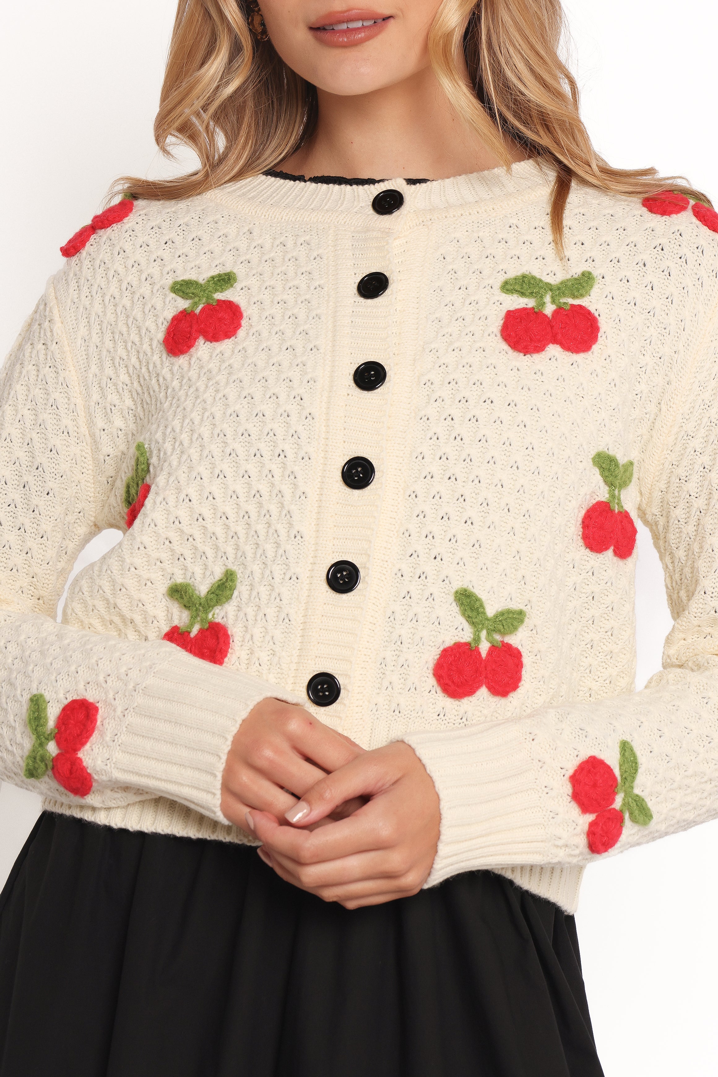 Cream Trudie Cherry Cardigan with Ribbed Cuffs & Button Front