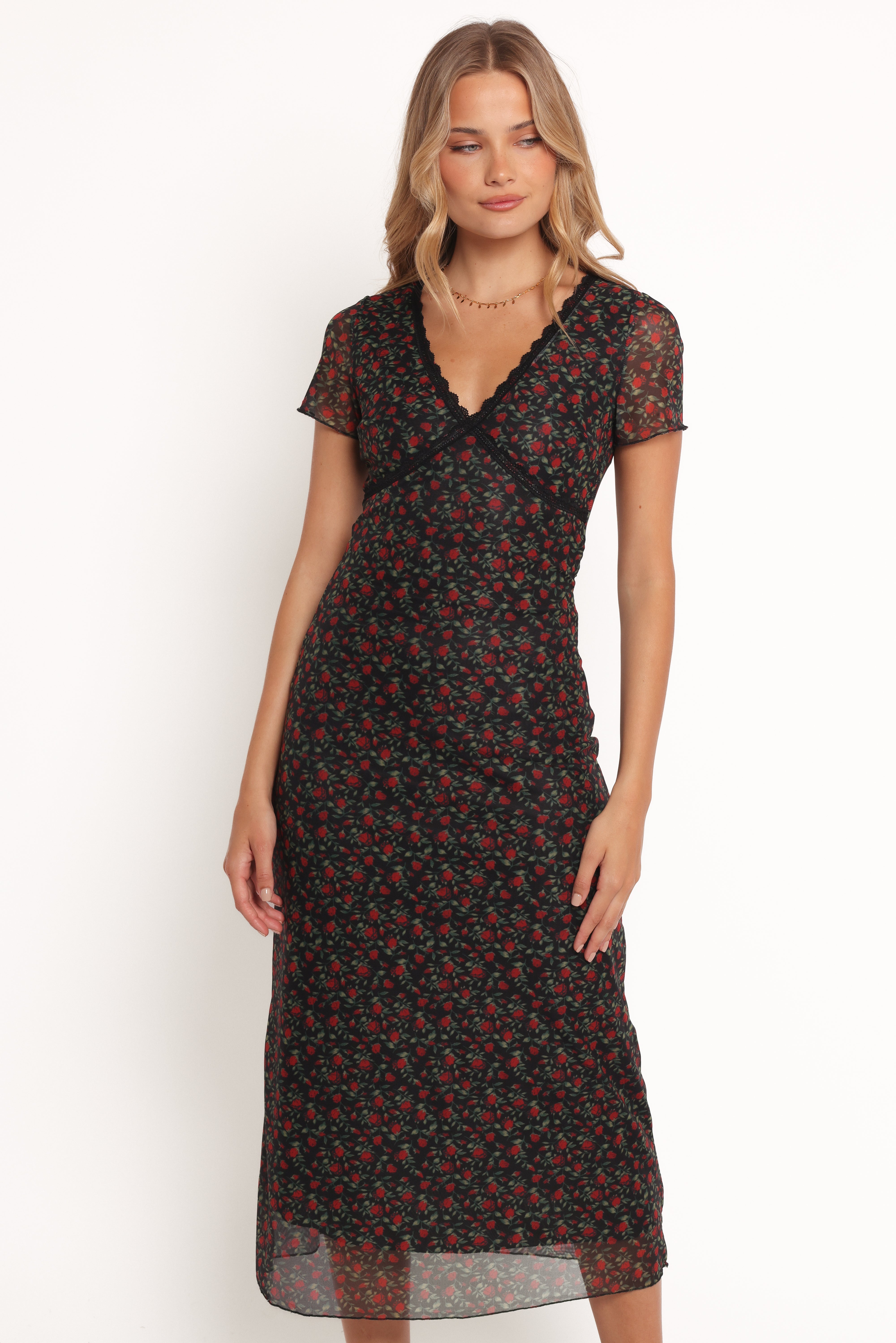 Rose Print Maxi Dress with V-Neck & Flowy Silhouette - Neve Dress