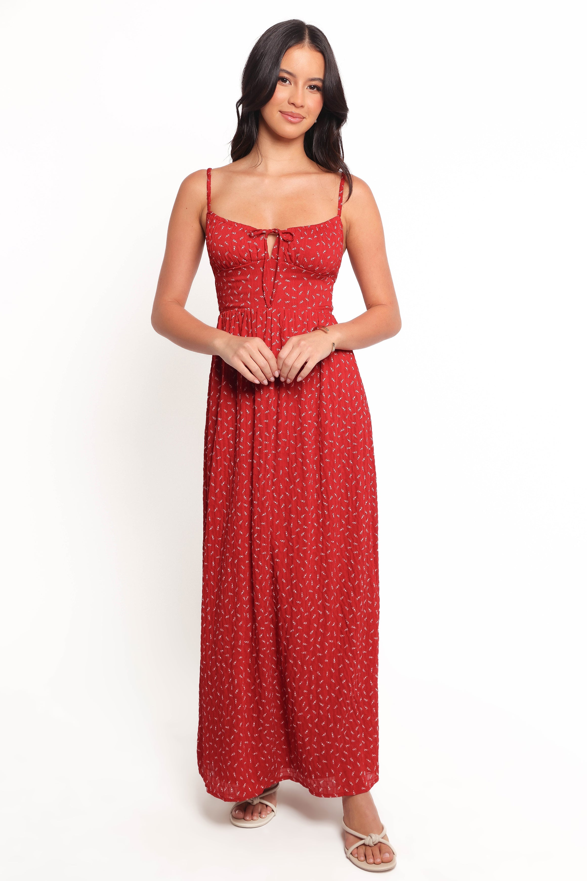 Ariadne Floral Print Midi Dress - Red Sleeveless V-Neck