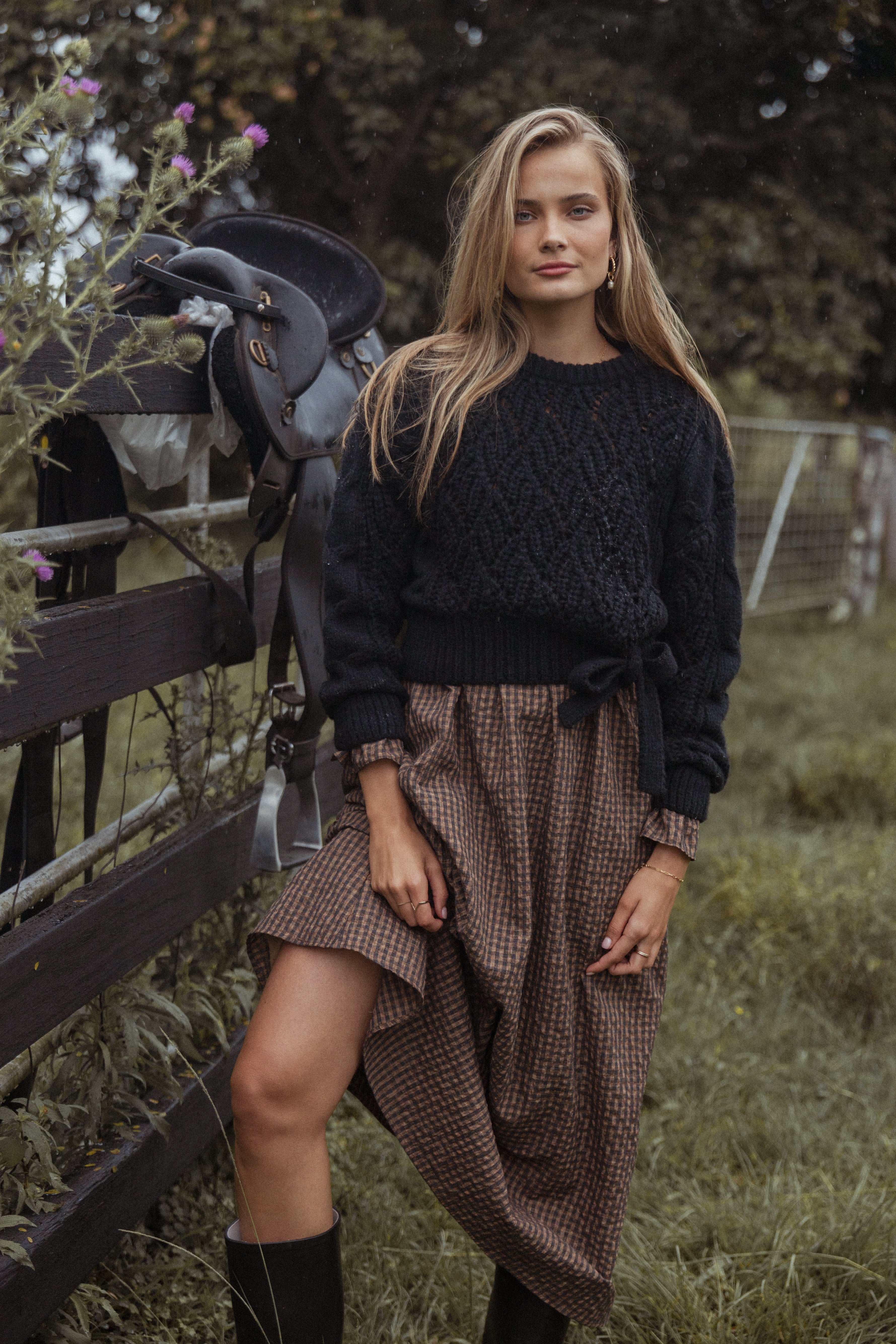 Black Tie Side Knit Sweater - Crochet Style Long Sleeve Top