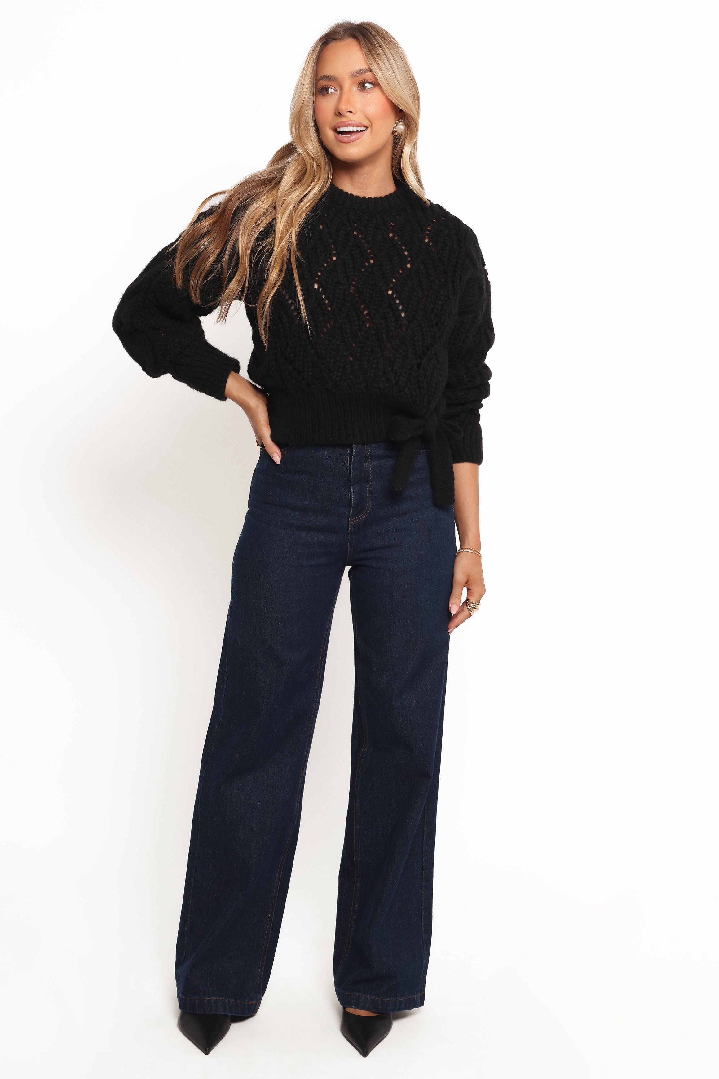 Black Tie Side Knit Sweater - Crochet Style Long Sleeve Top