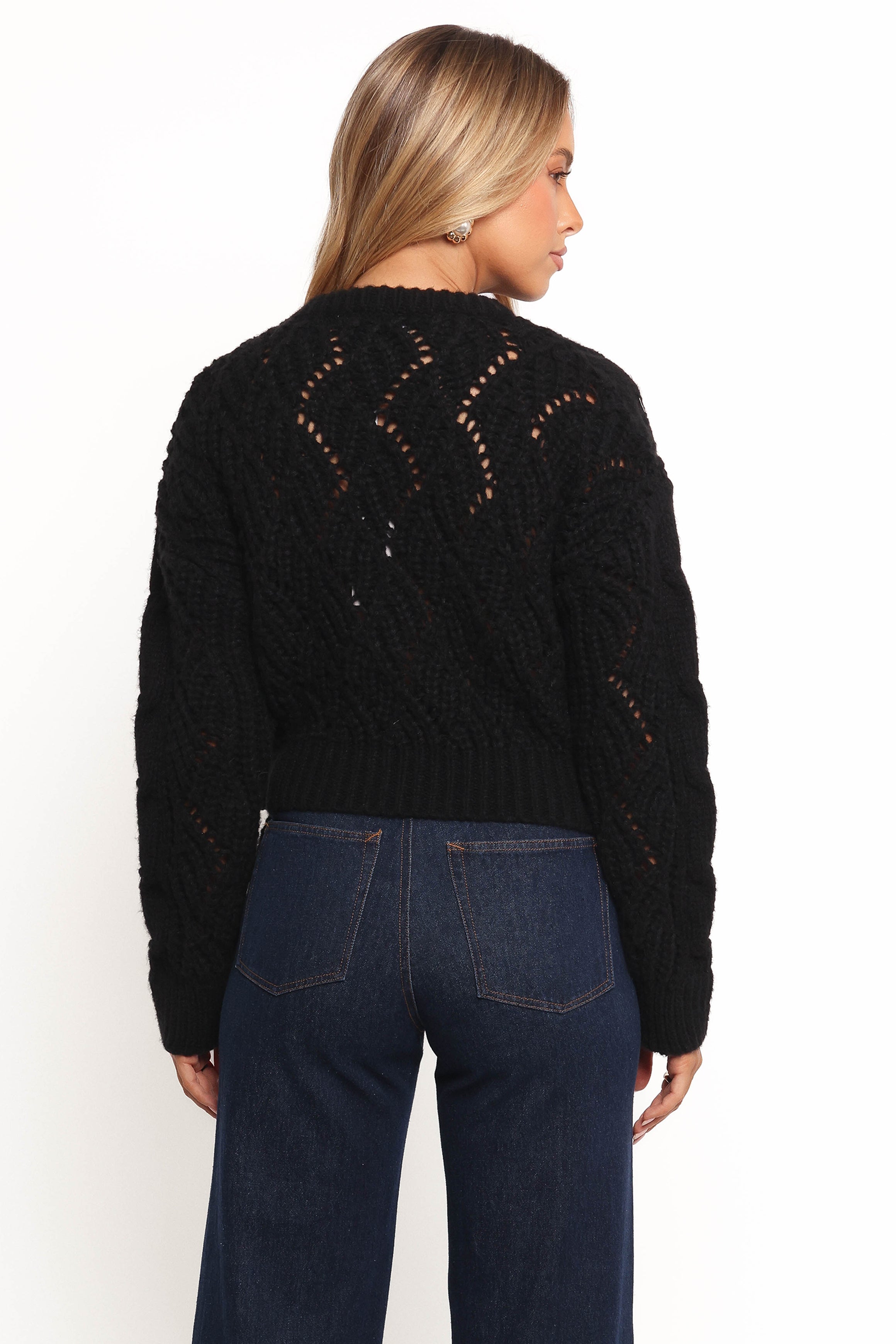 Black Tie Side Knit Sweater - Crochet Style Long Sleeve Top