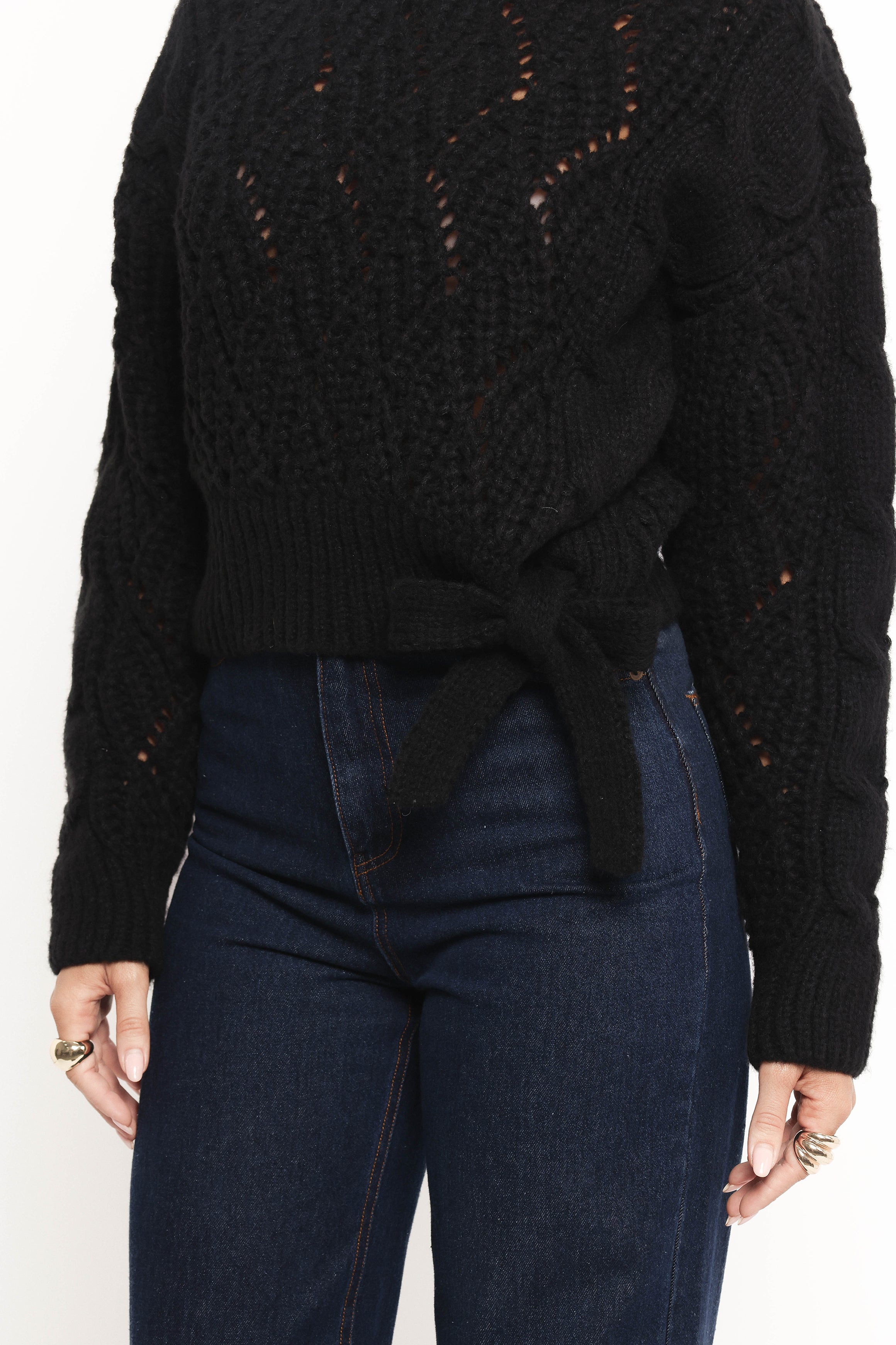 Black Tie Side Knit Sweater - Crochet Style Long Sleeve Top