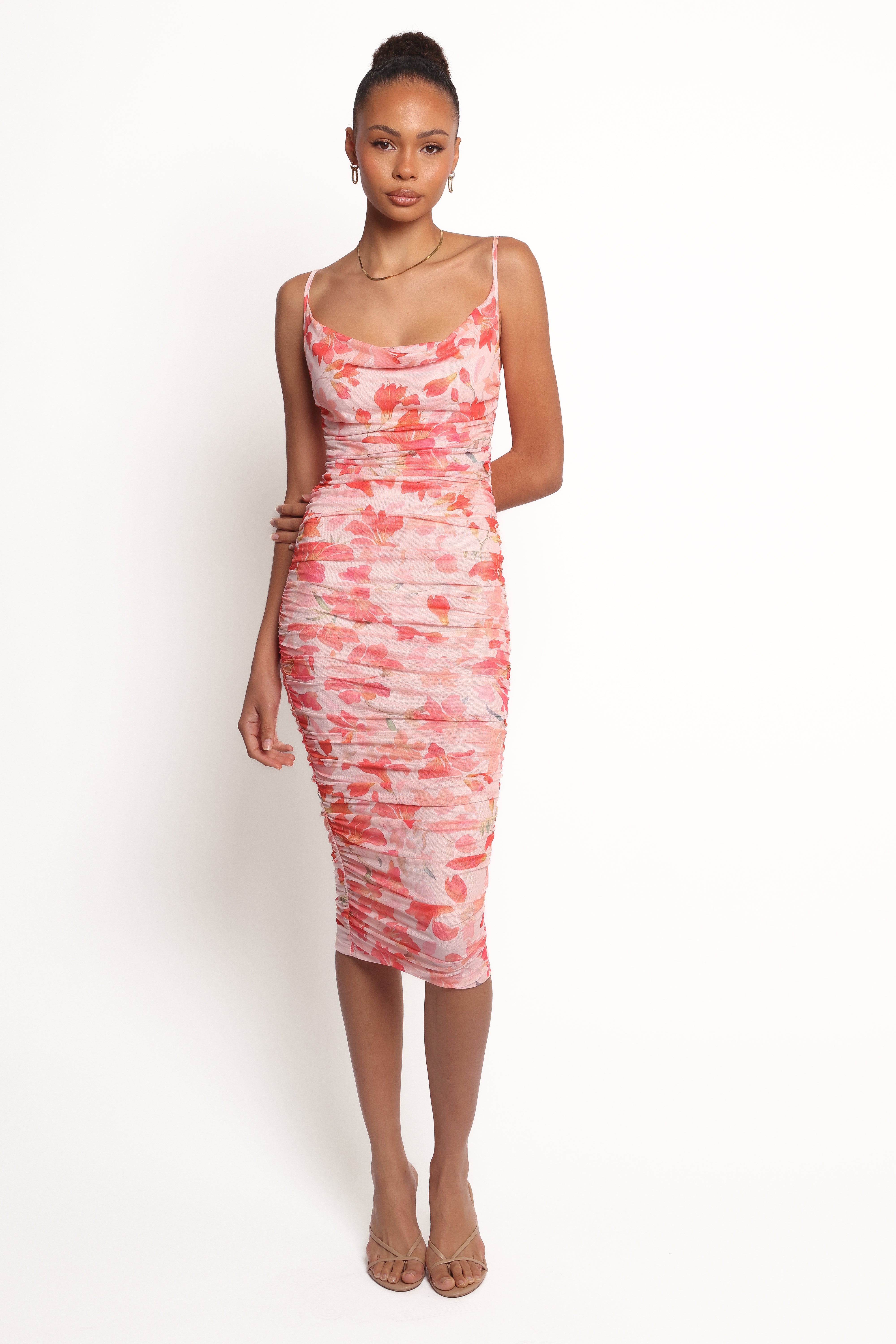 Floral Pink Cowl Neck Midi Dress - Tempest Bodycon Summer Dress