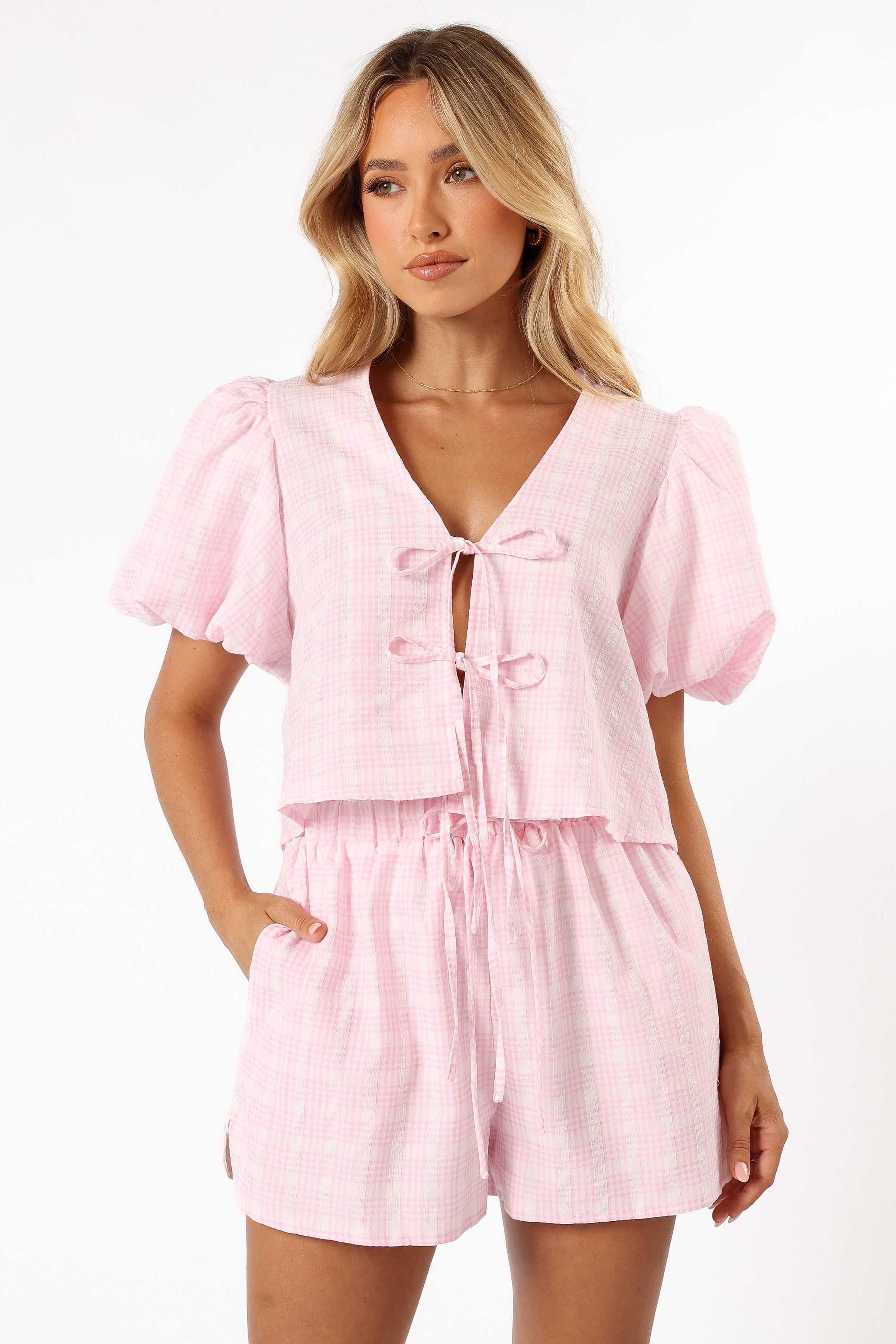 Women's Pink Hanna Short Set - V-Neck Cropped Top & Drawstring Shorts