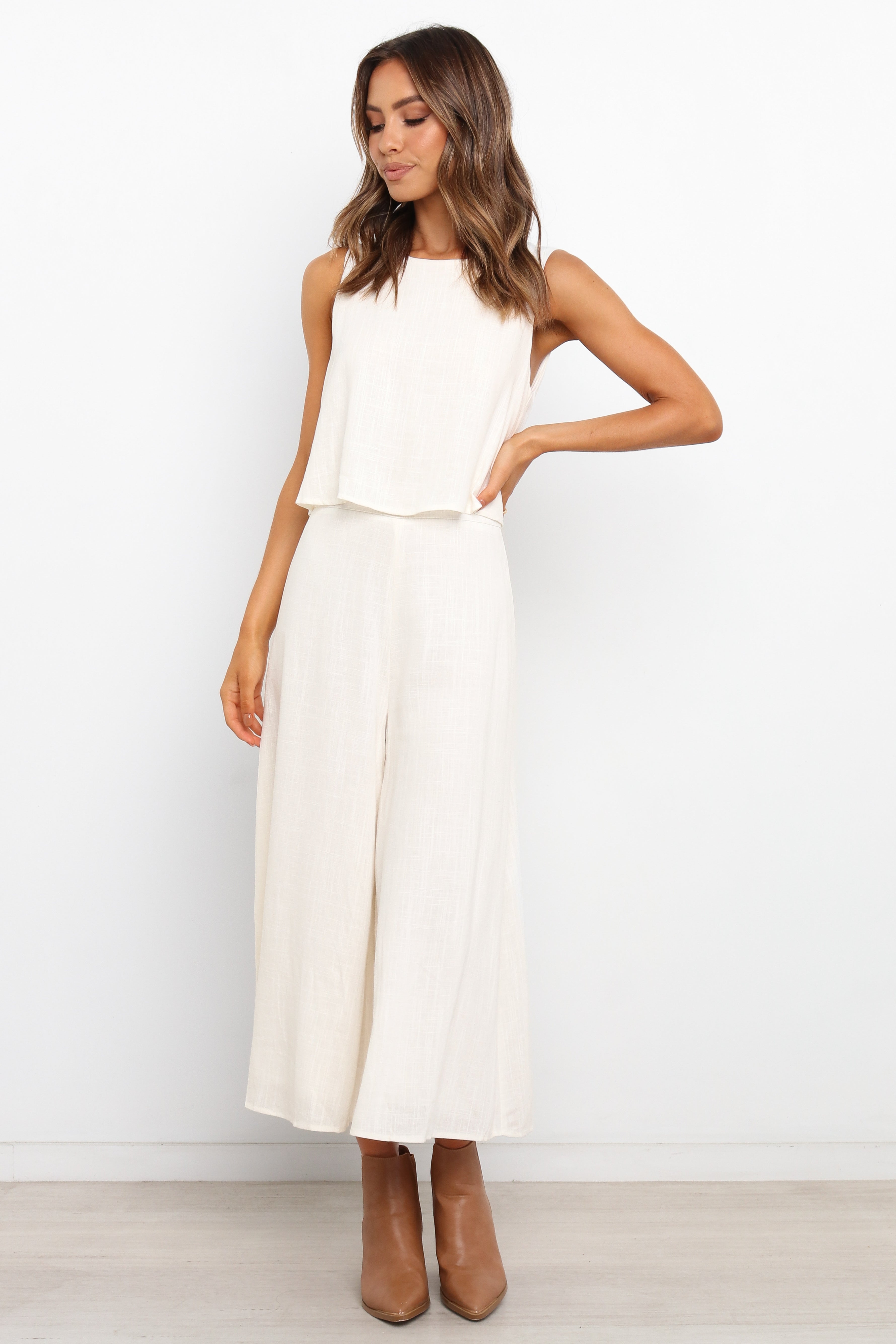 Women's White Relaxed Fit Jumpsuit with Bust Overlay & Back Zip