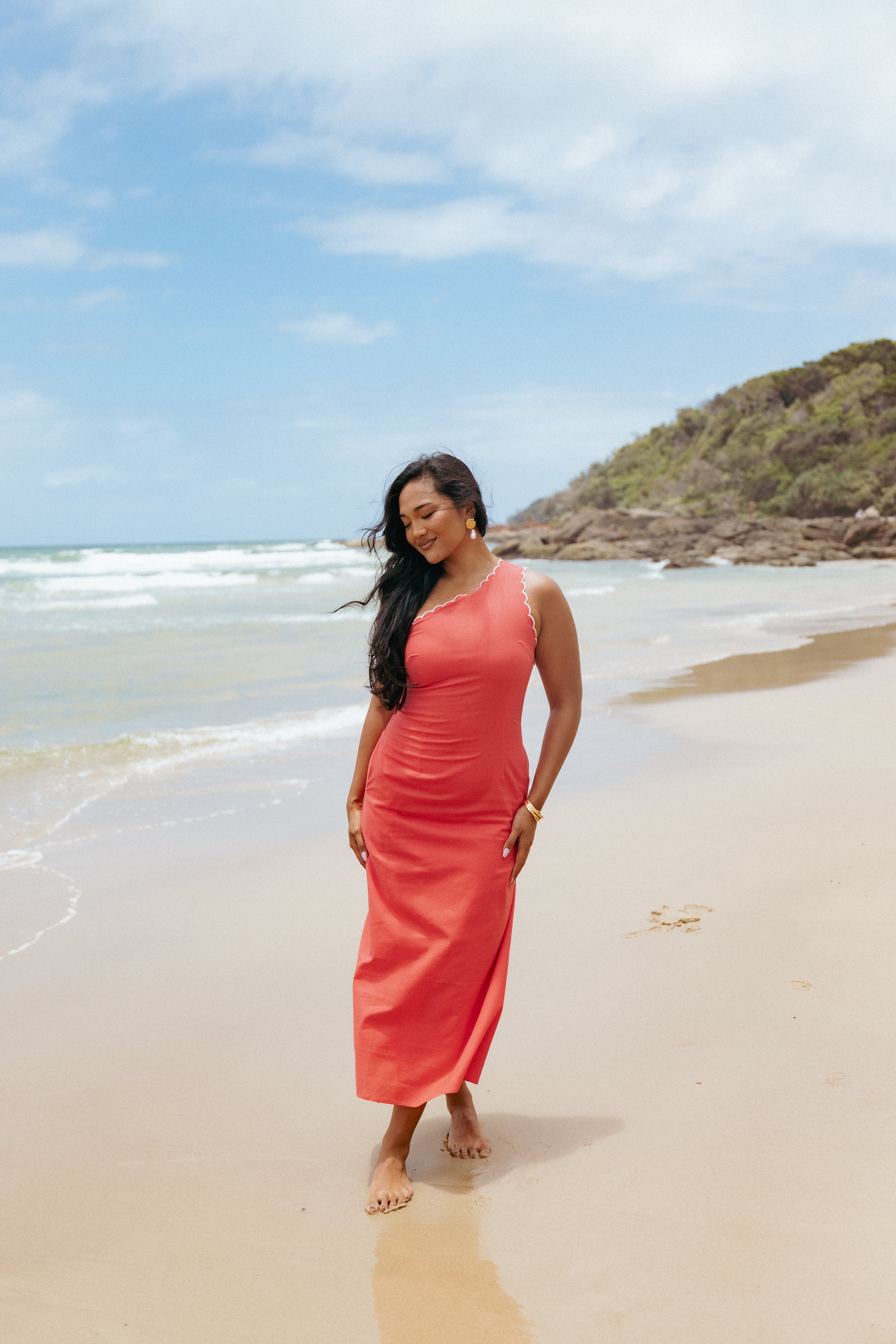 Amani One Shoulder Coral Midi Dress with Pockets & Scallop Hem