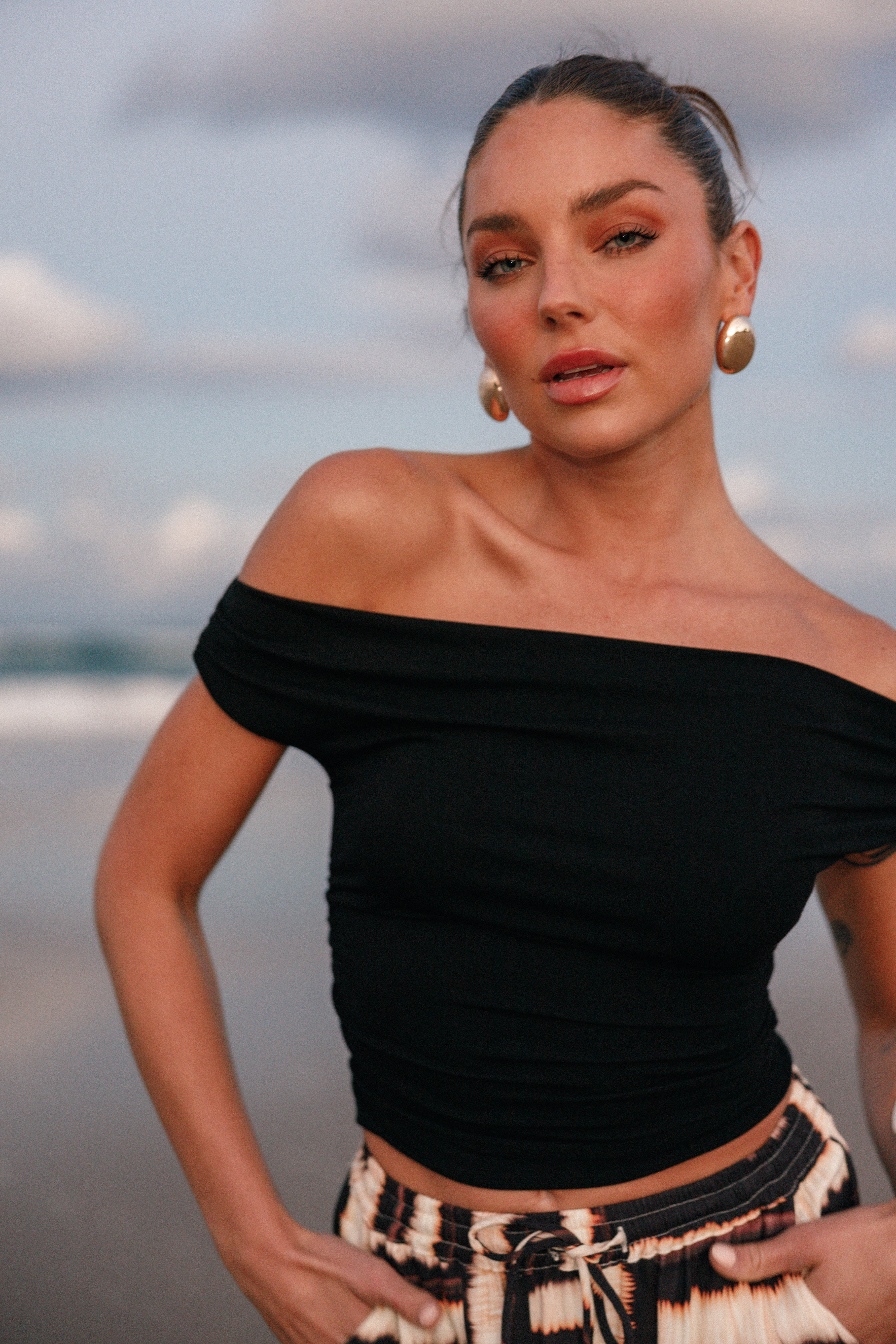 Lanna Black Off Shoulder Cropped Top - Stretch Ruched Detail