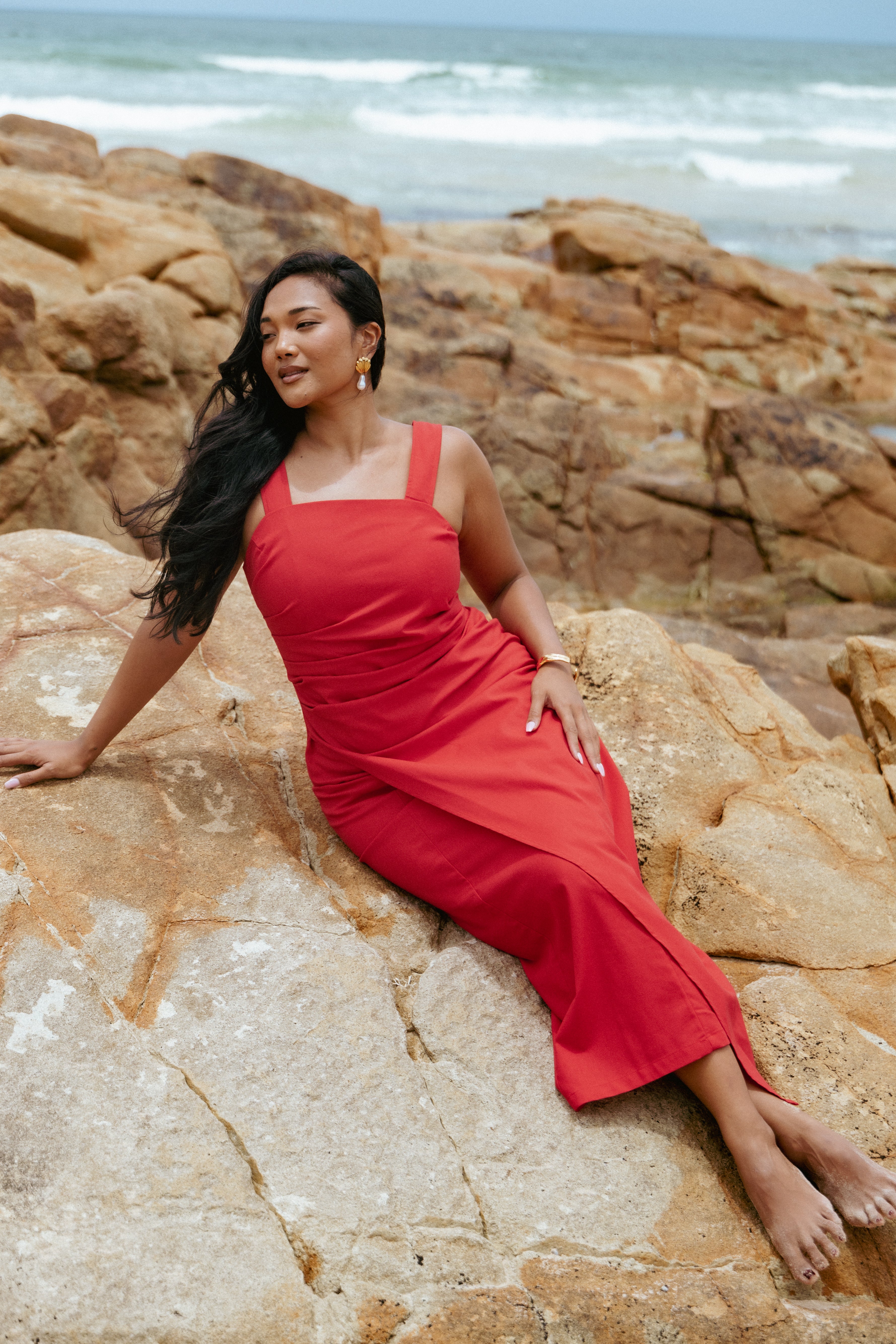 Red Square Neck Maxi Dress - Caterina Faux Wrap Summer Dress