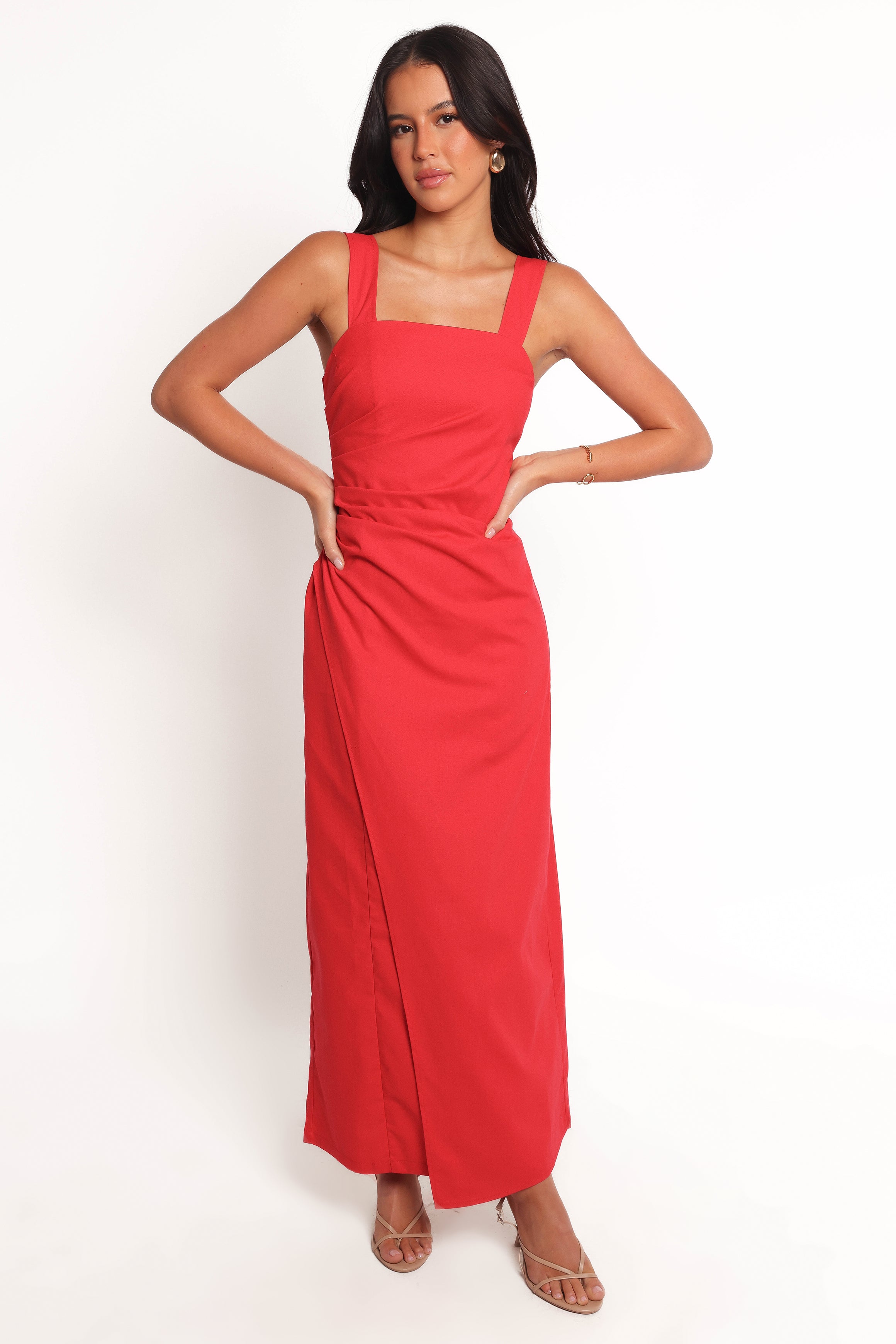 Red Square Neck Maxi Dress - Caterina Faux Wrap Summer Dress