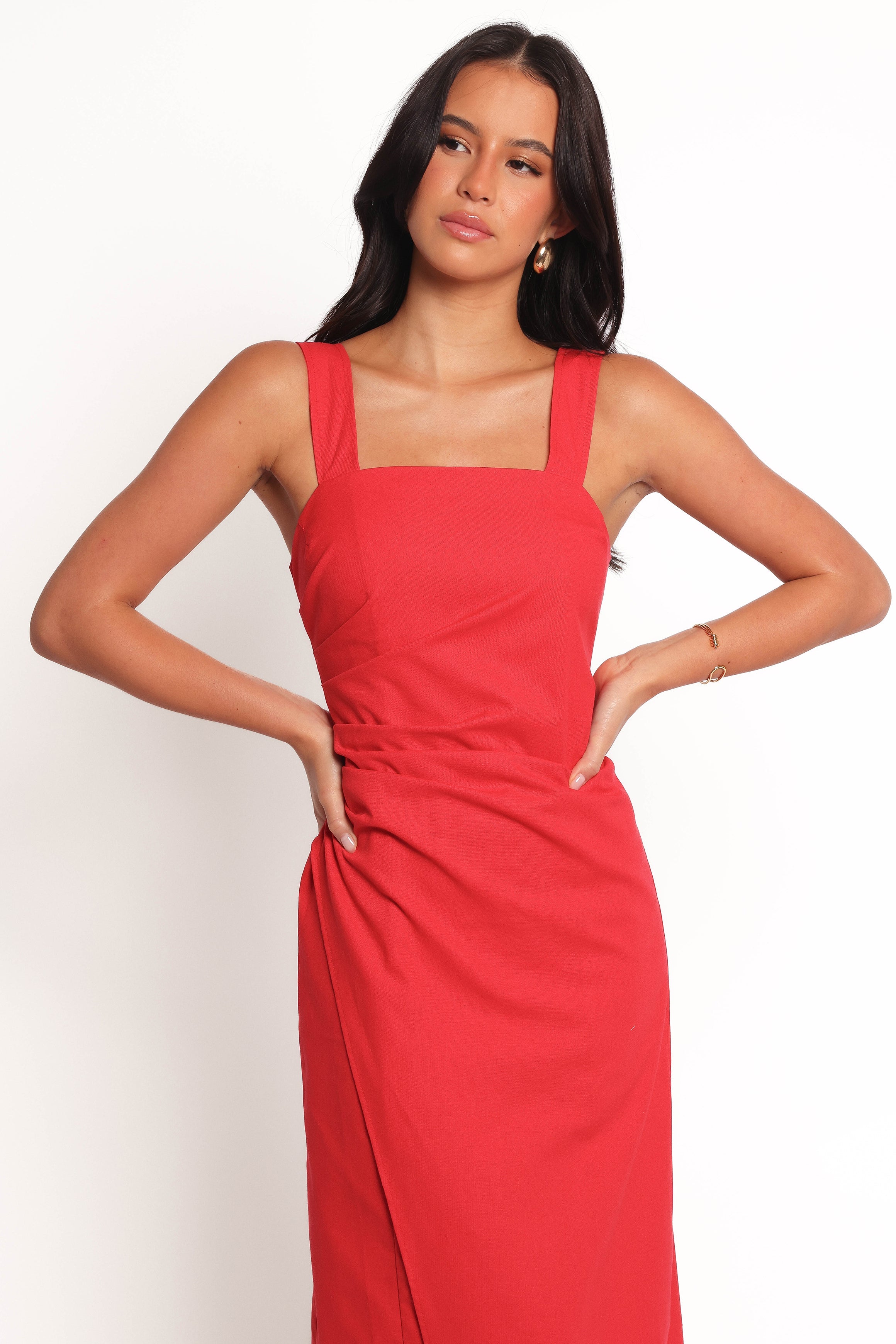 Red Square Neck Maxi Dress - Caterina Faux Wrap Summer Dress
