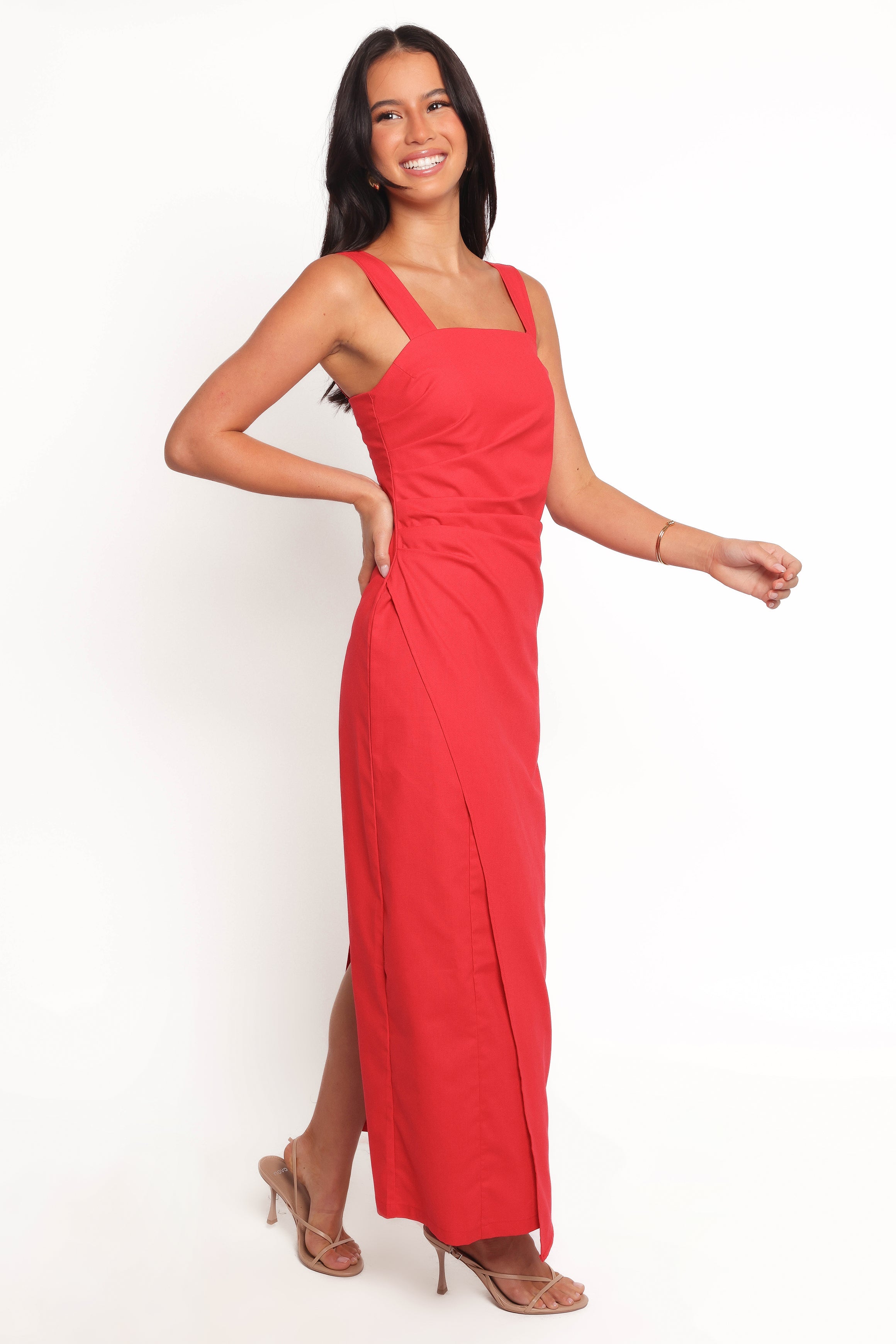 Red Square Neck Maxi Dress - Caterina Faux Wrap Summer Dress