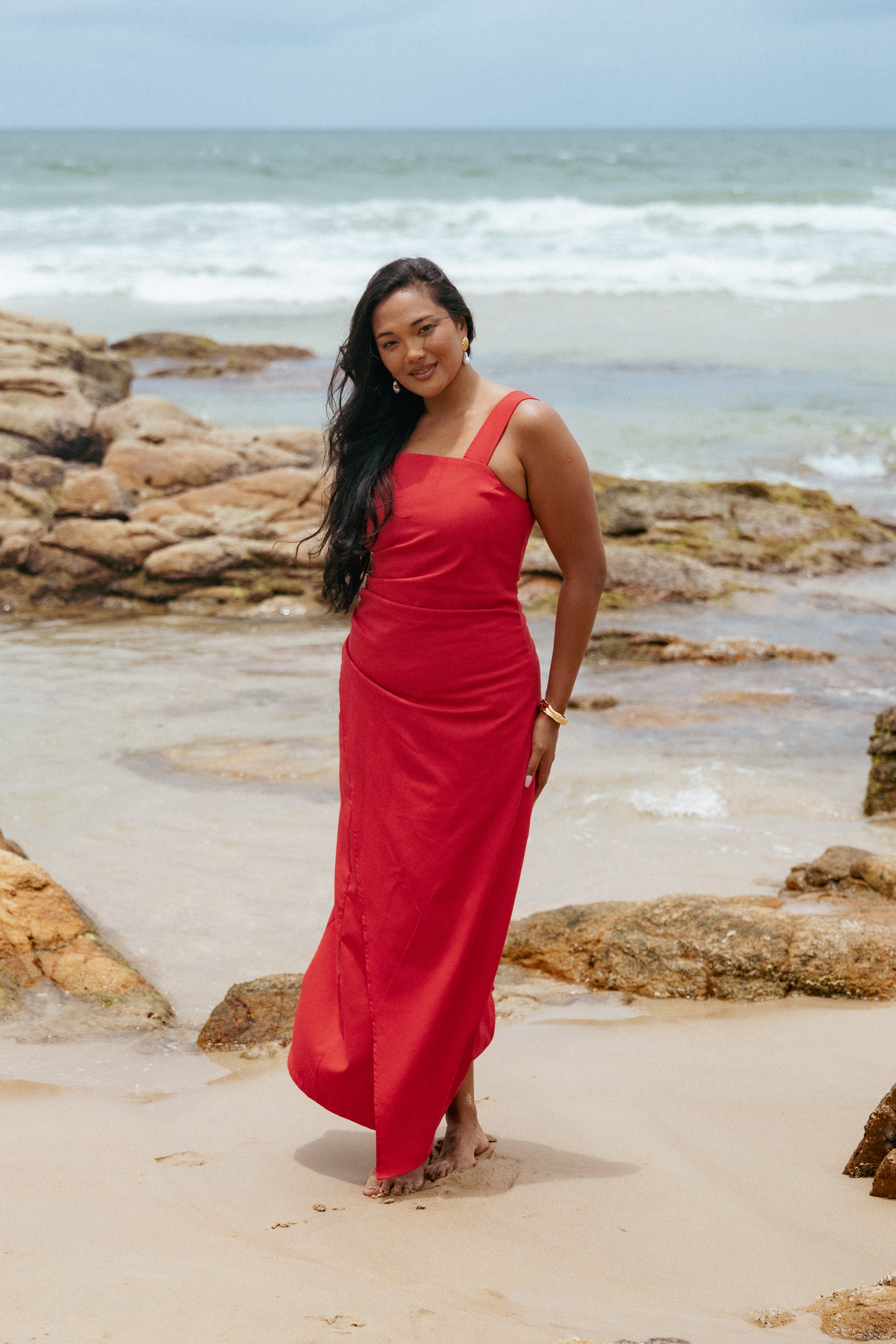 Red Square Neck Maxi Dress - Caterina Faux Wrap Summer Dress