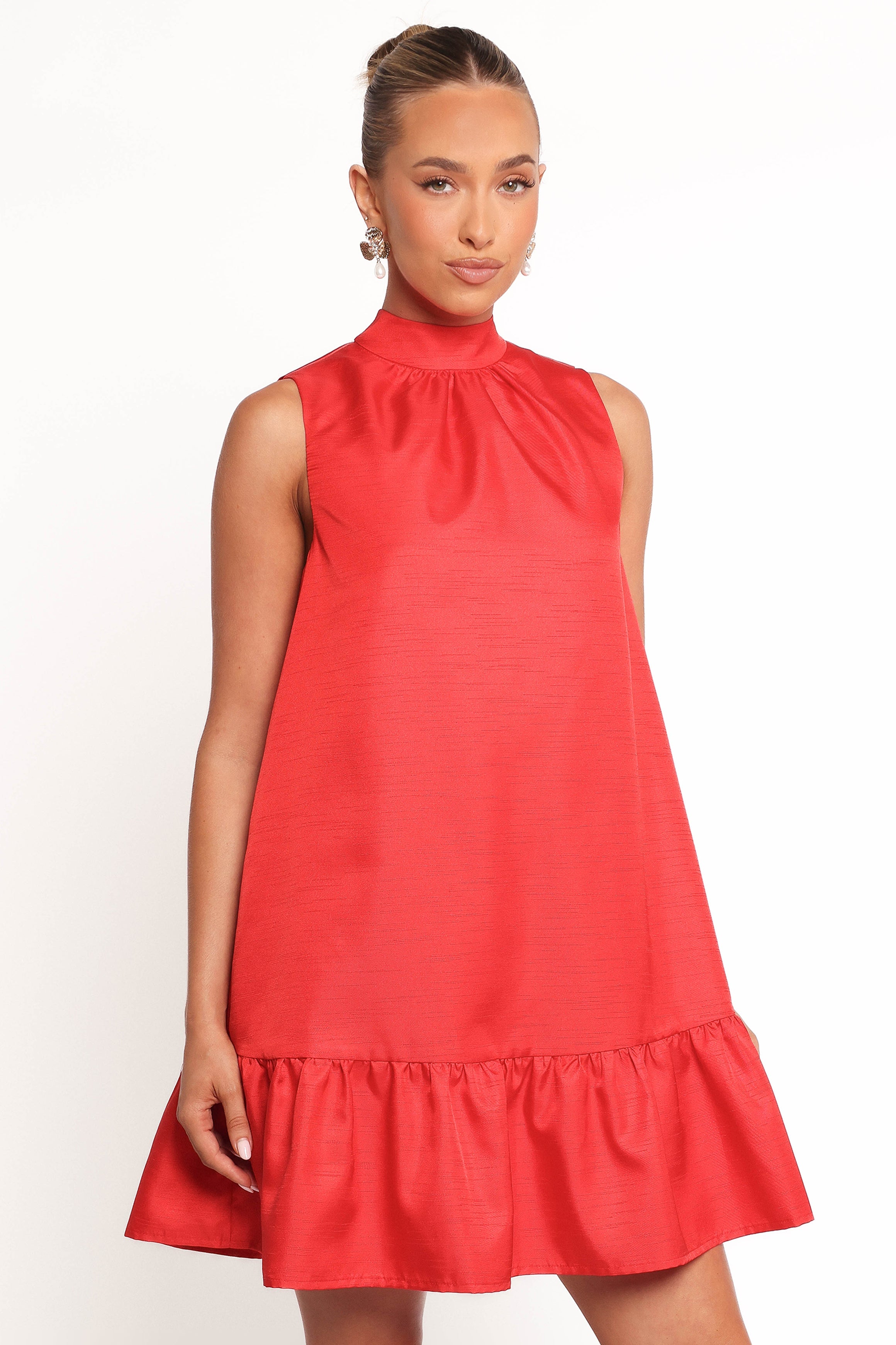 Red Darian Mini Dress with Ruffle Hem & Tie Back – Polyester Sleeveless