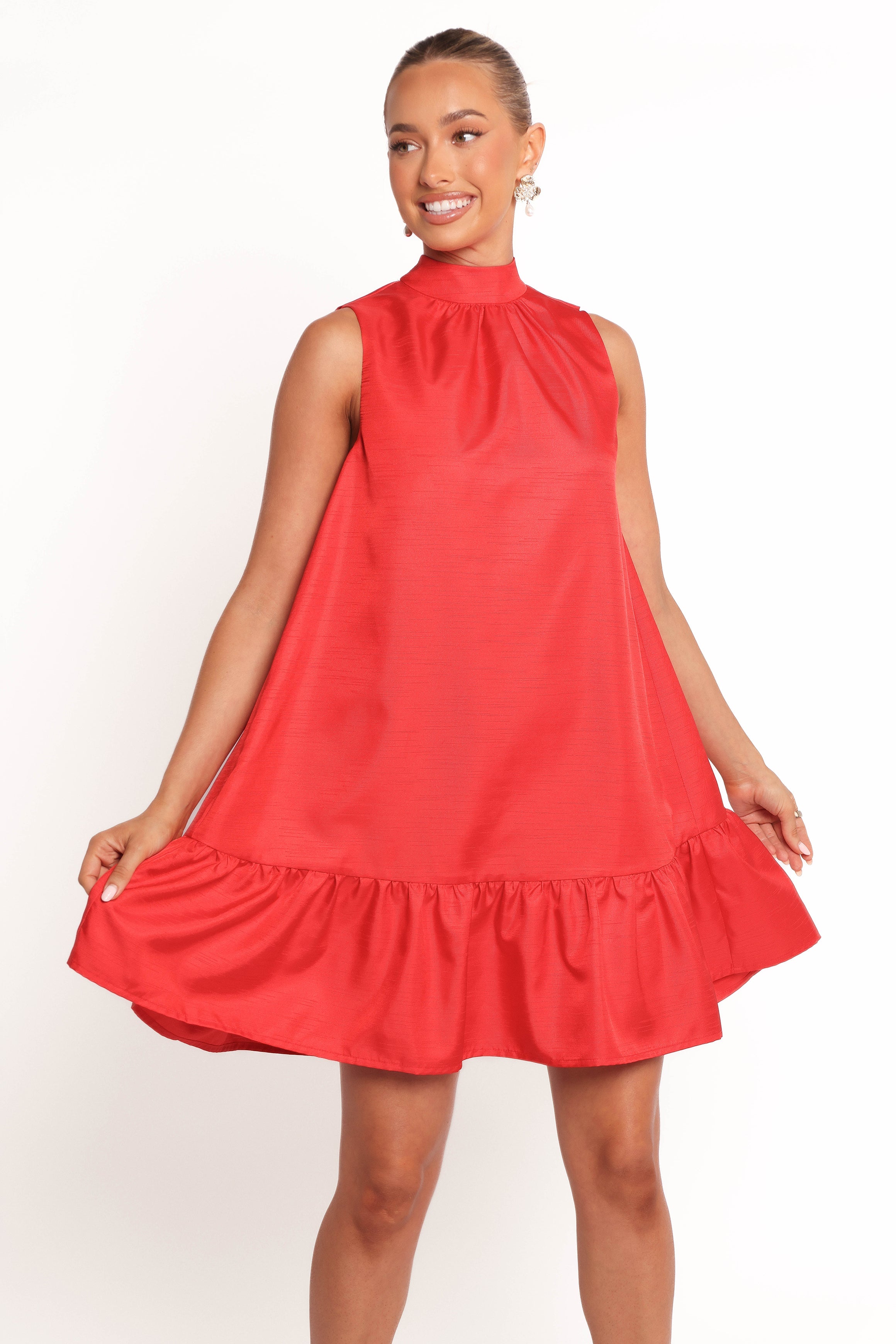 Red Darian Mini Dress with Ruffle Hem & Tie Back – Polyester Sleeveless