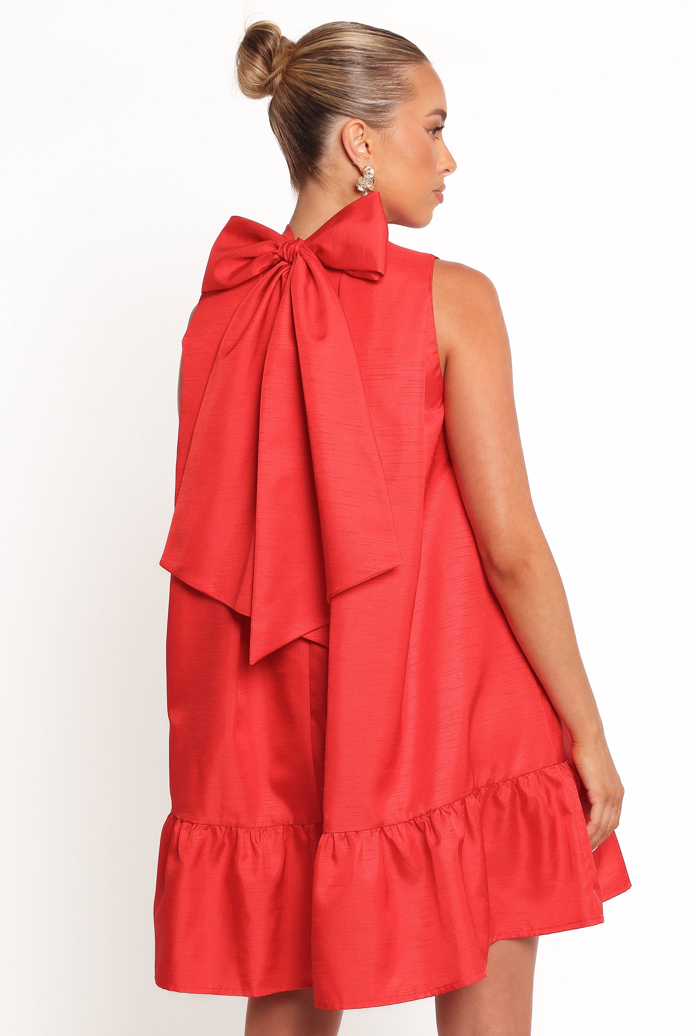 Red Darian Mini Dress with Ruffle Hem & Tie Back – Polyester Sleeveless