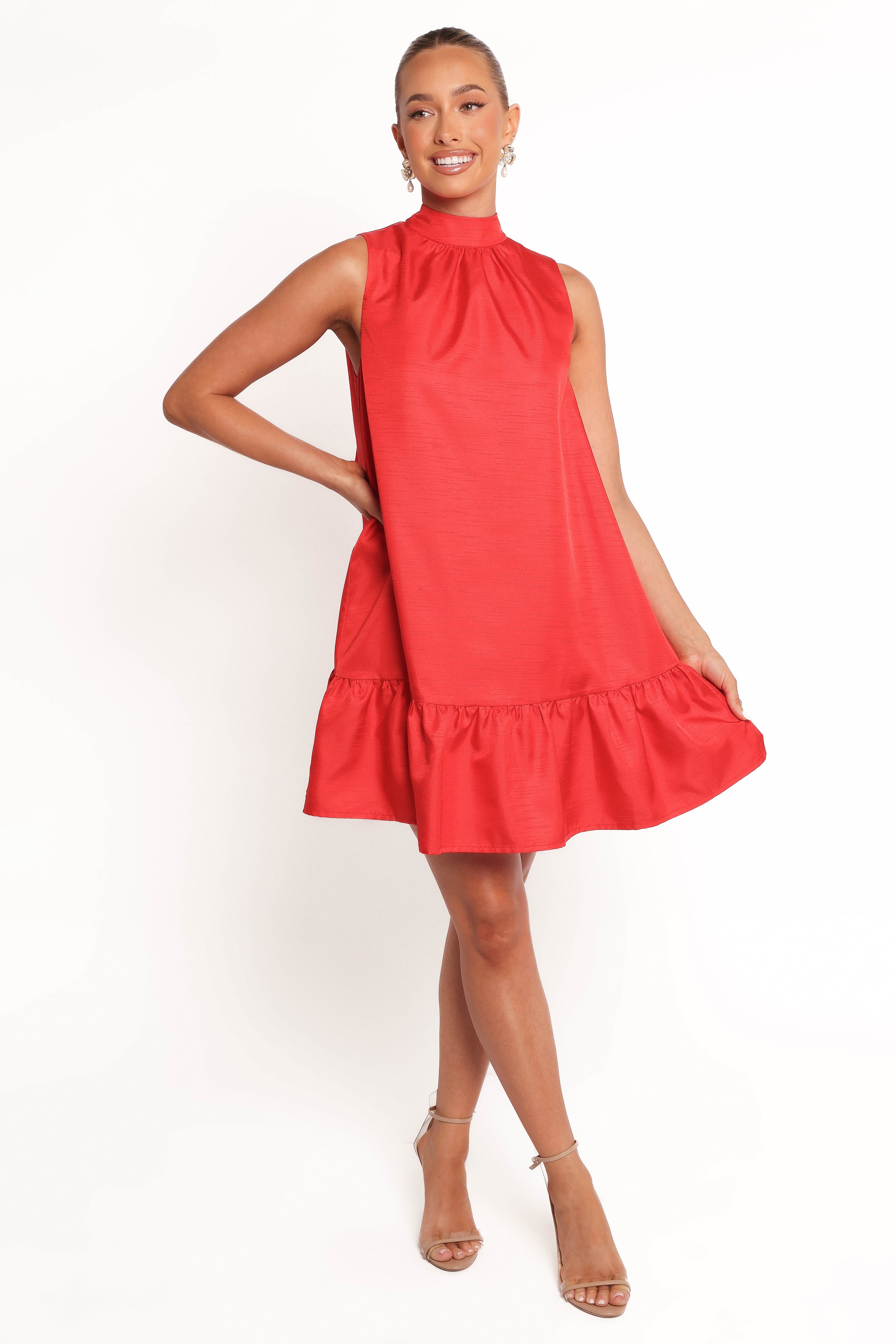 Red Darian Mini Dress with Ruffle Hem & Tie Back – Polyester Sleeveless