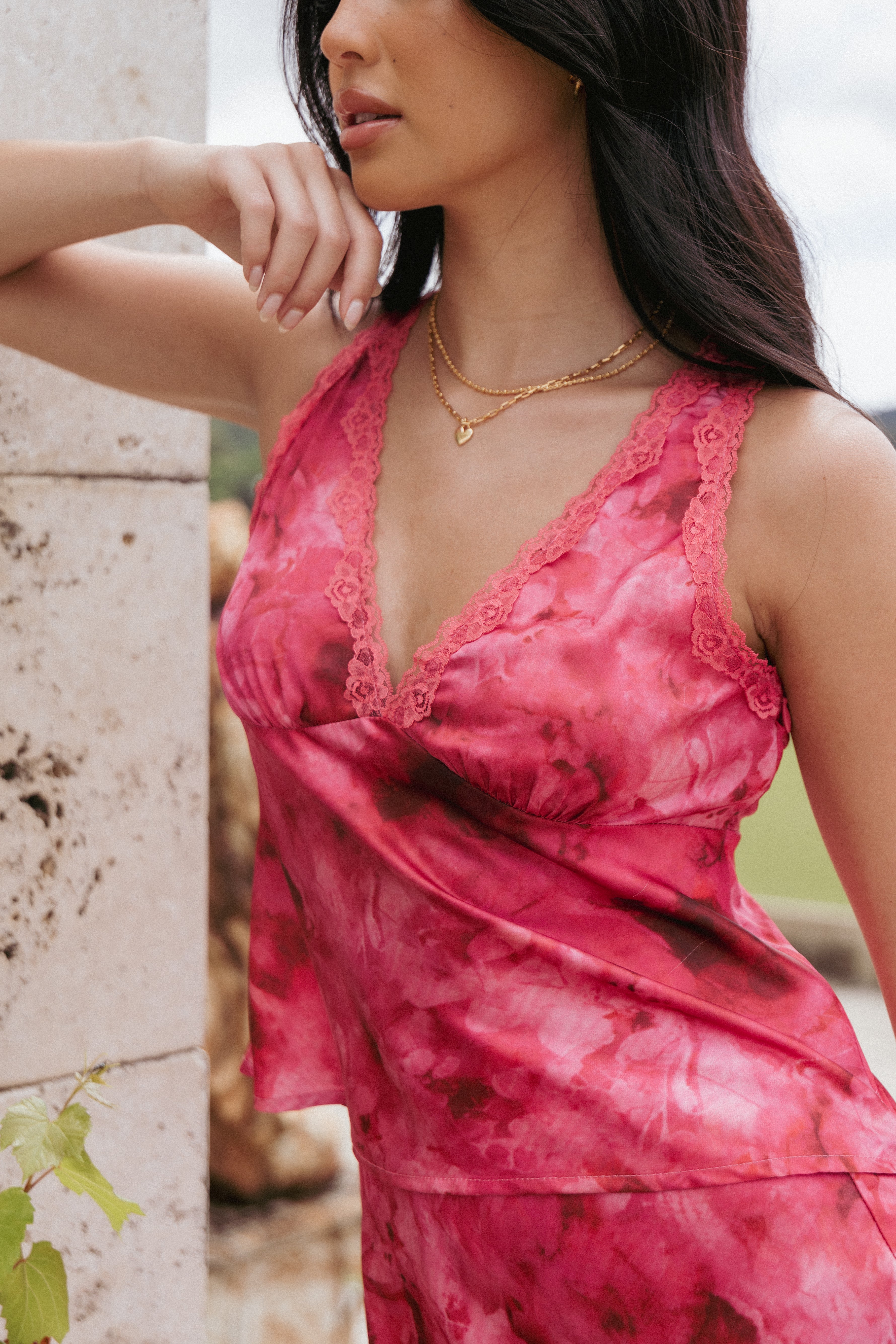 Kelso Red Print V-Neck Satin Top with Lace Trim