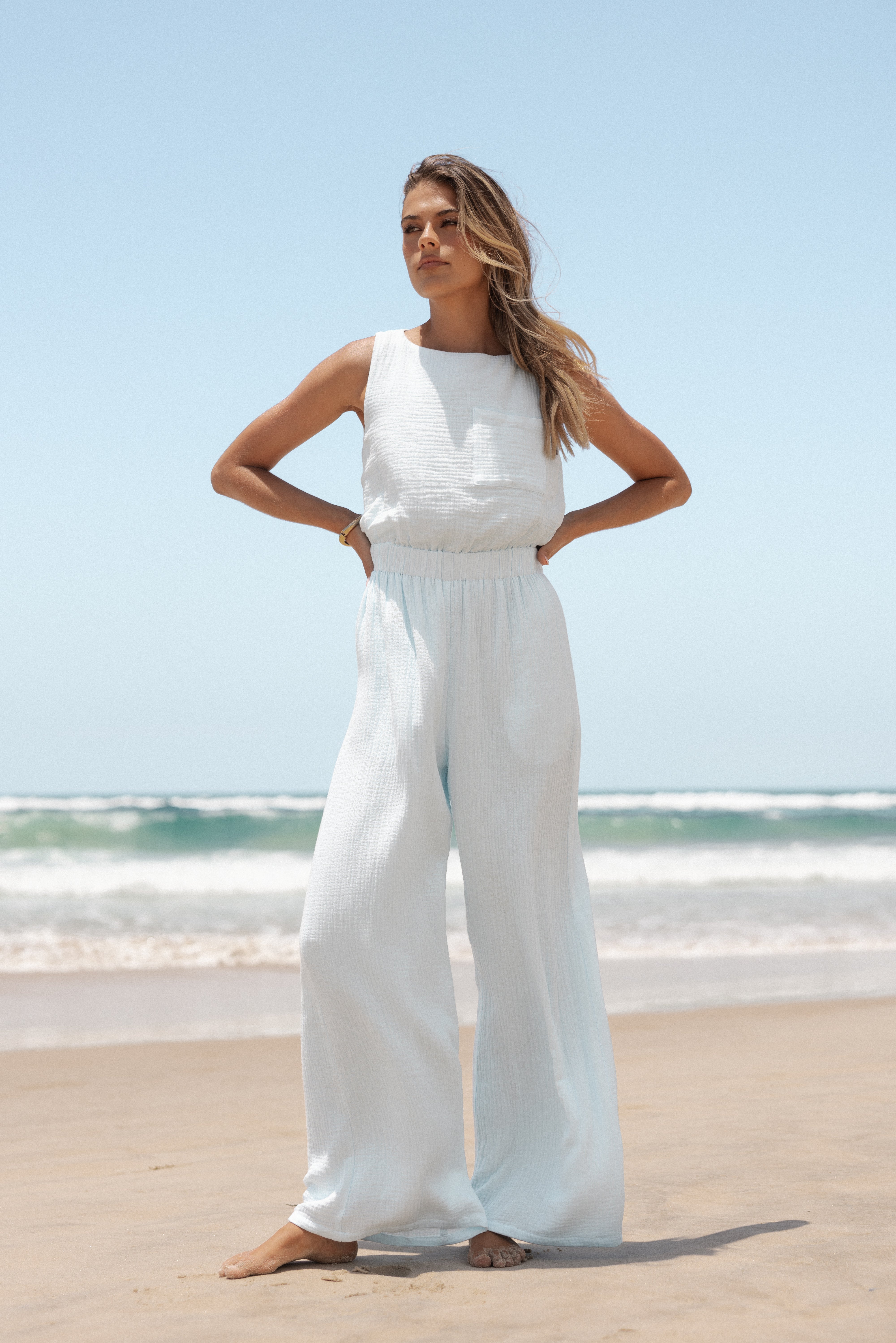 Brenna Sleeveless Cotton Jumpsuit with Keyhole Back - Pale Blue