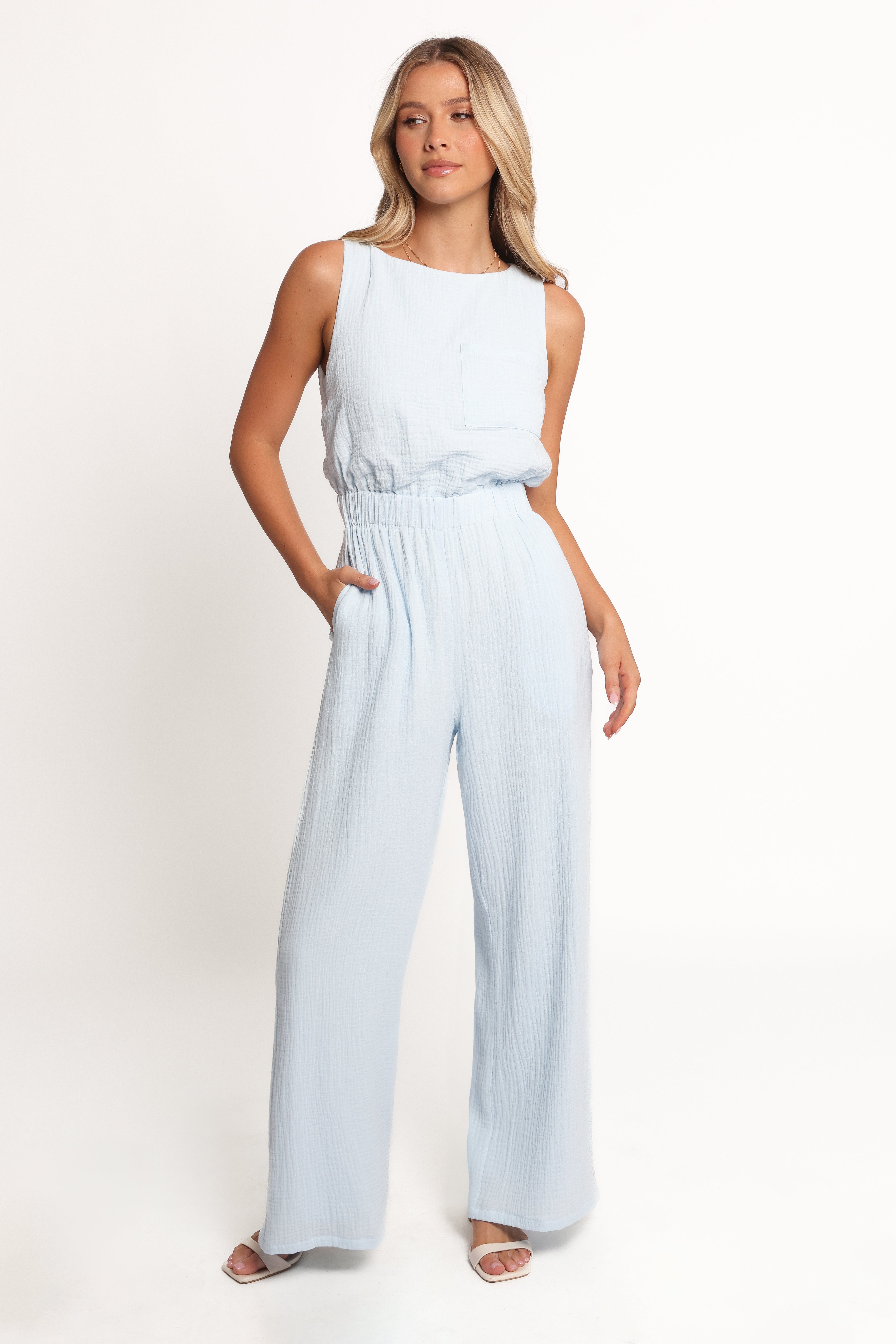 Brenna Sleeveless Cotton Jumpsuit with Keyhole Back - Pale Blue