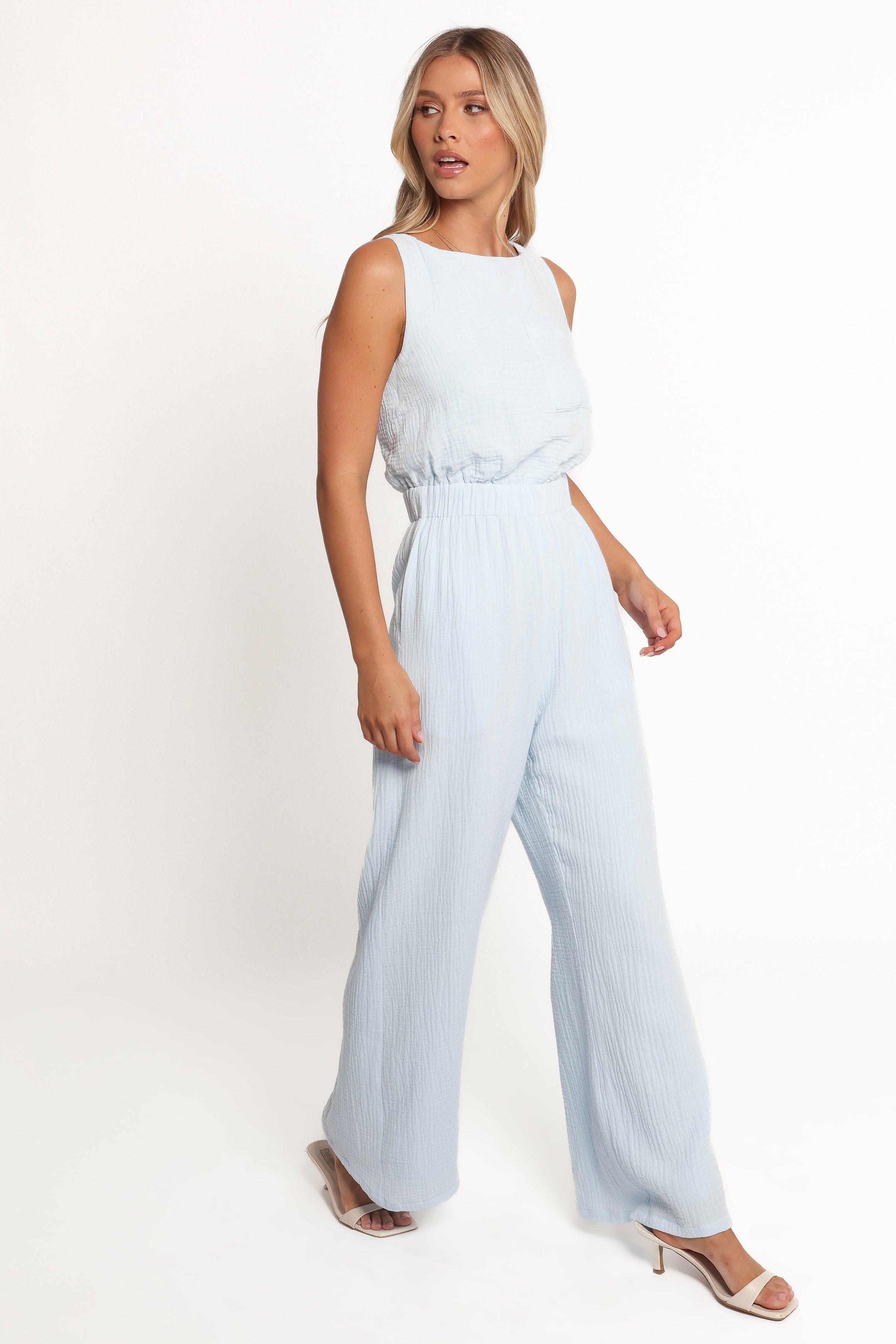 Brenna Sleeveless Cotton Jumpsuit with Keyhole Back - Pale Blue
