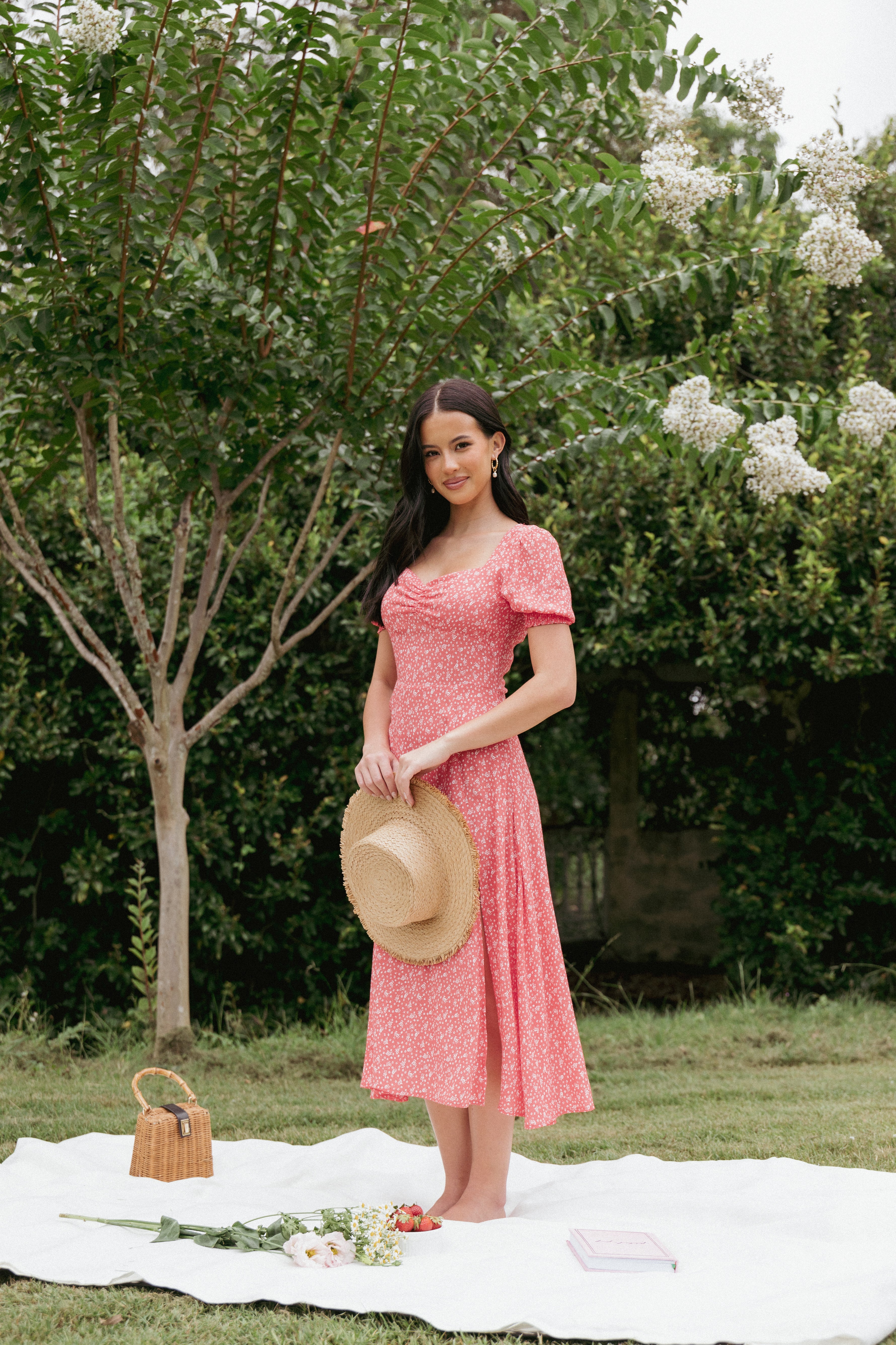 Red Floral Midi Dress with Sweetheart Neckline & Front Split - Franklin