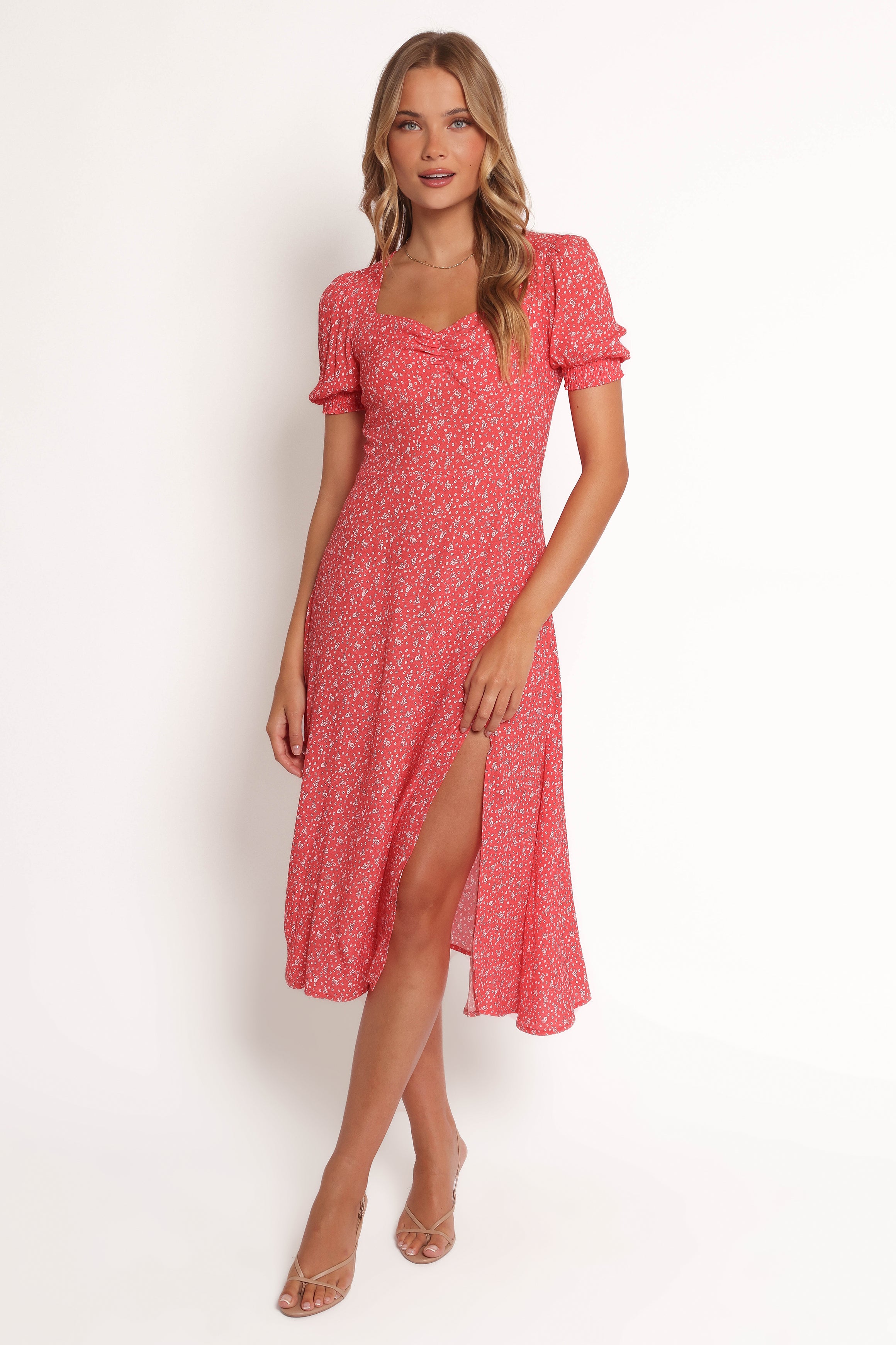 Red Floral Midi Dress with Sweetheart Neckline & Front Split - Franklin