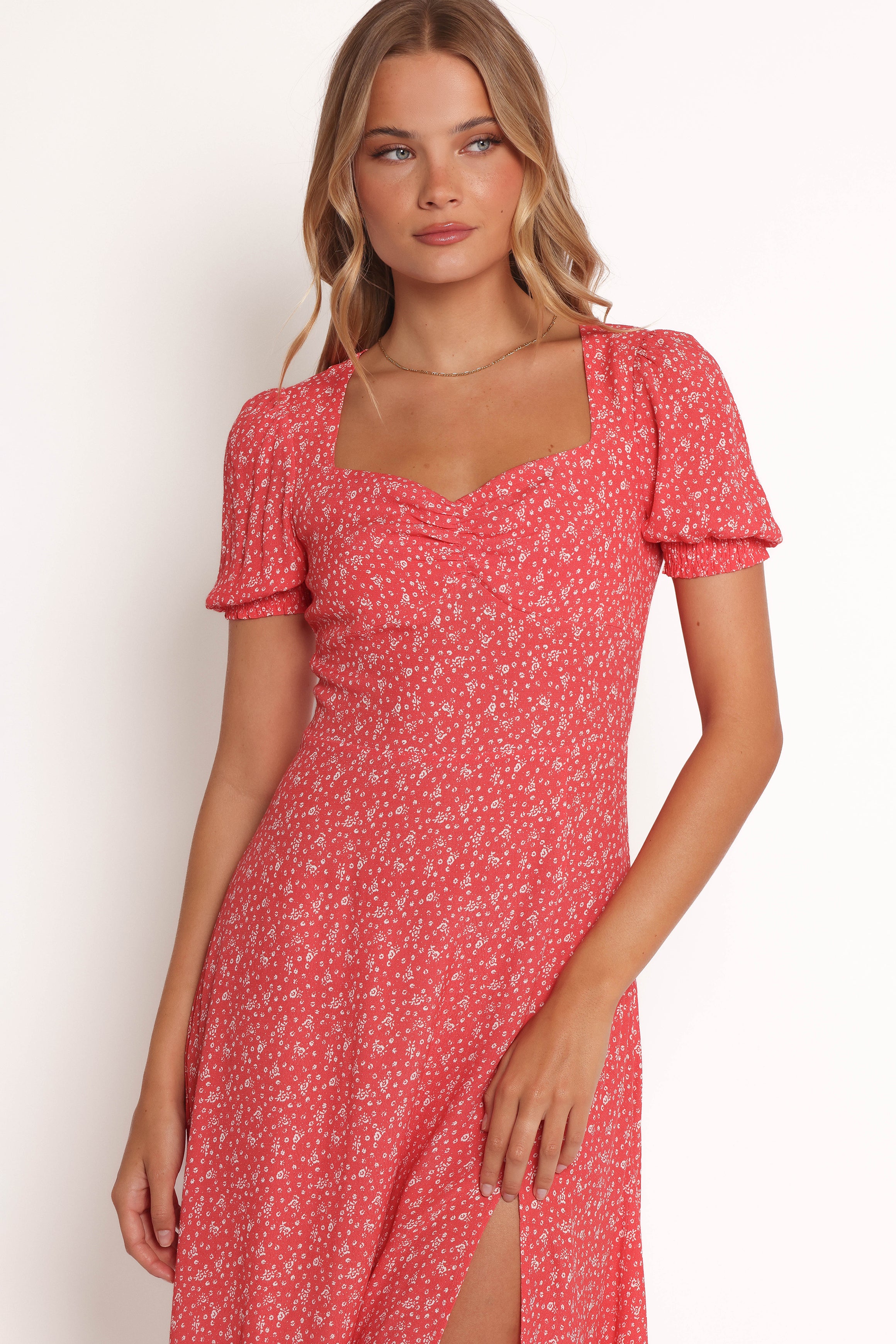 Red Floral Midi Dress with Sweetheart Neckline & Front Split - Franklin
