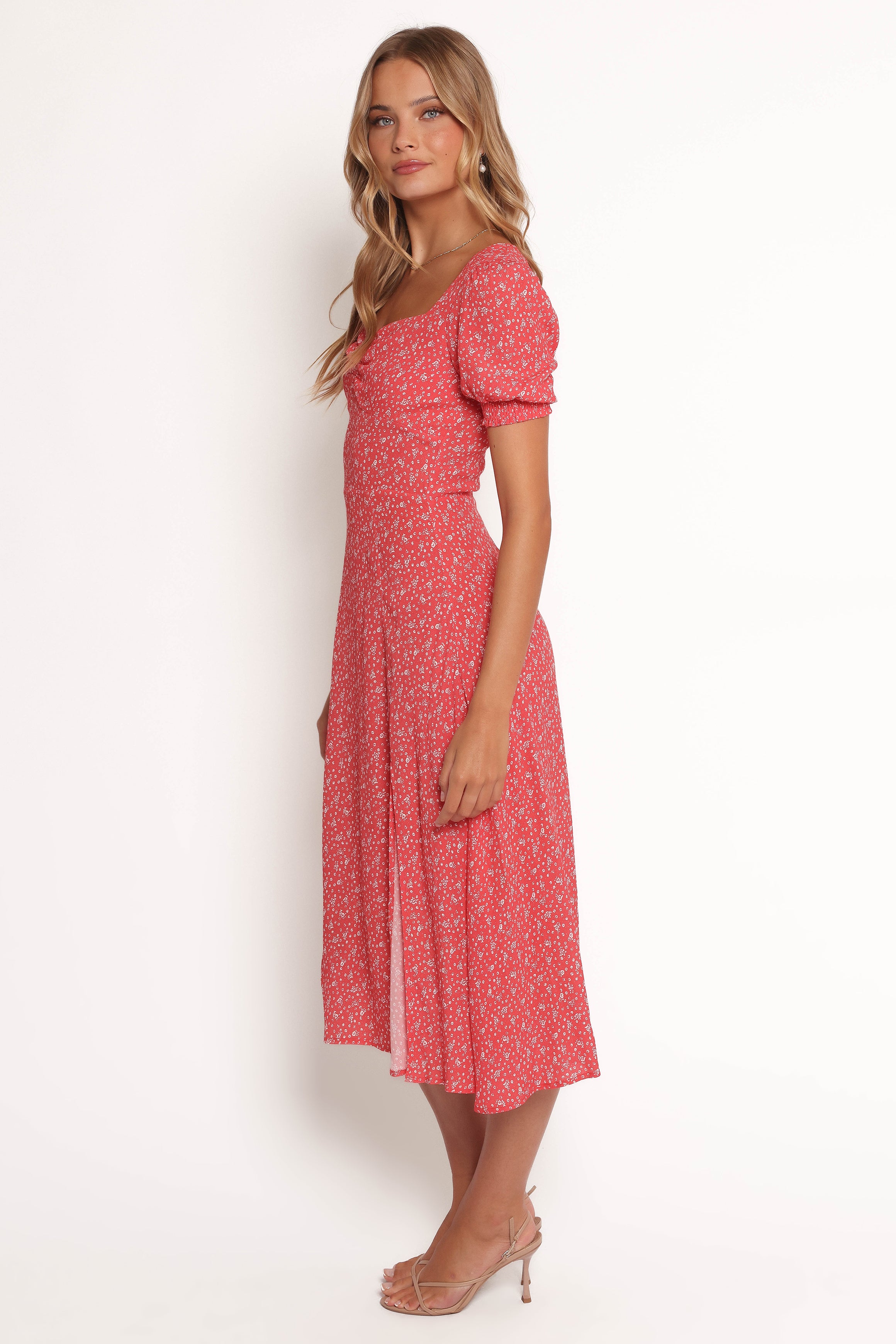 Red Floral Midi Dress with Sweetheart Neckline & Front Split - Franklin