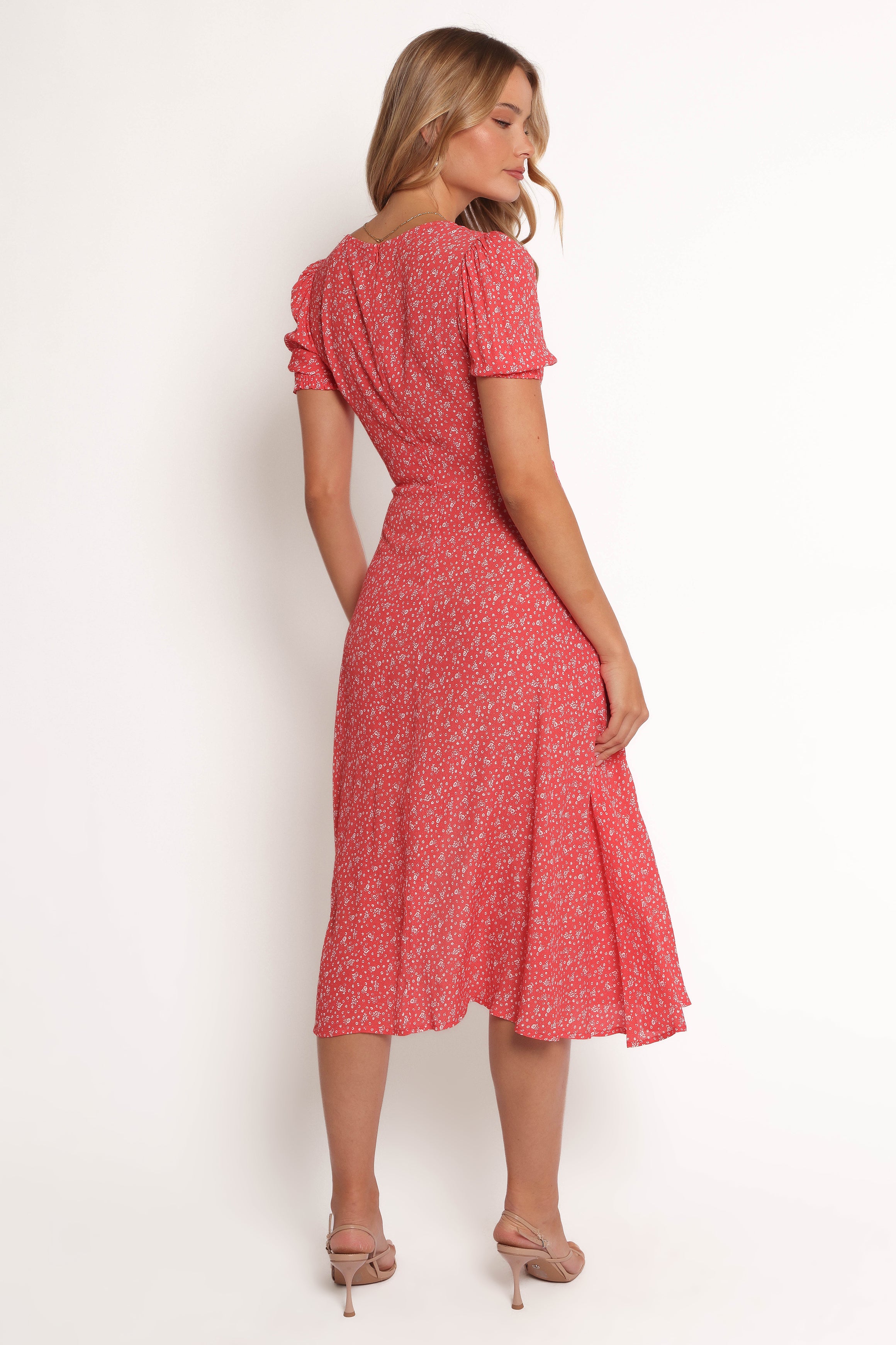 Red Floral Midi Dress with Sweetheart Neckline & Front Split - Franklin