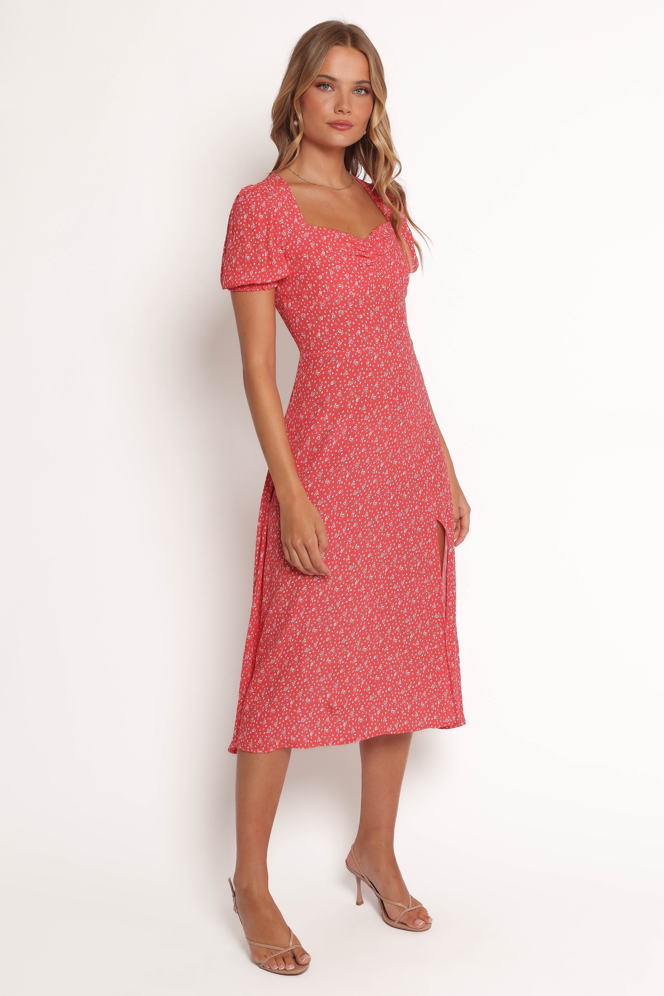 Red Floral Midi Dress with Sweetheart Neckline & Front Split - Franklin