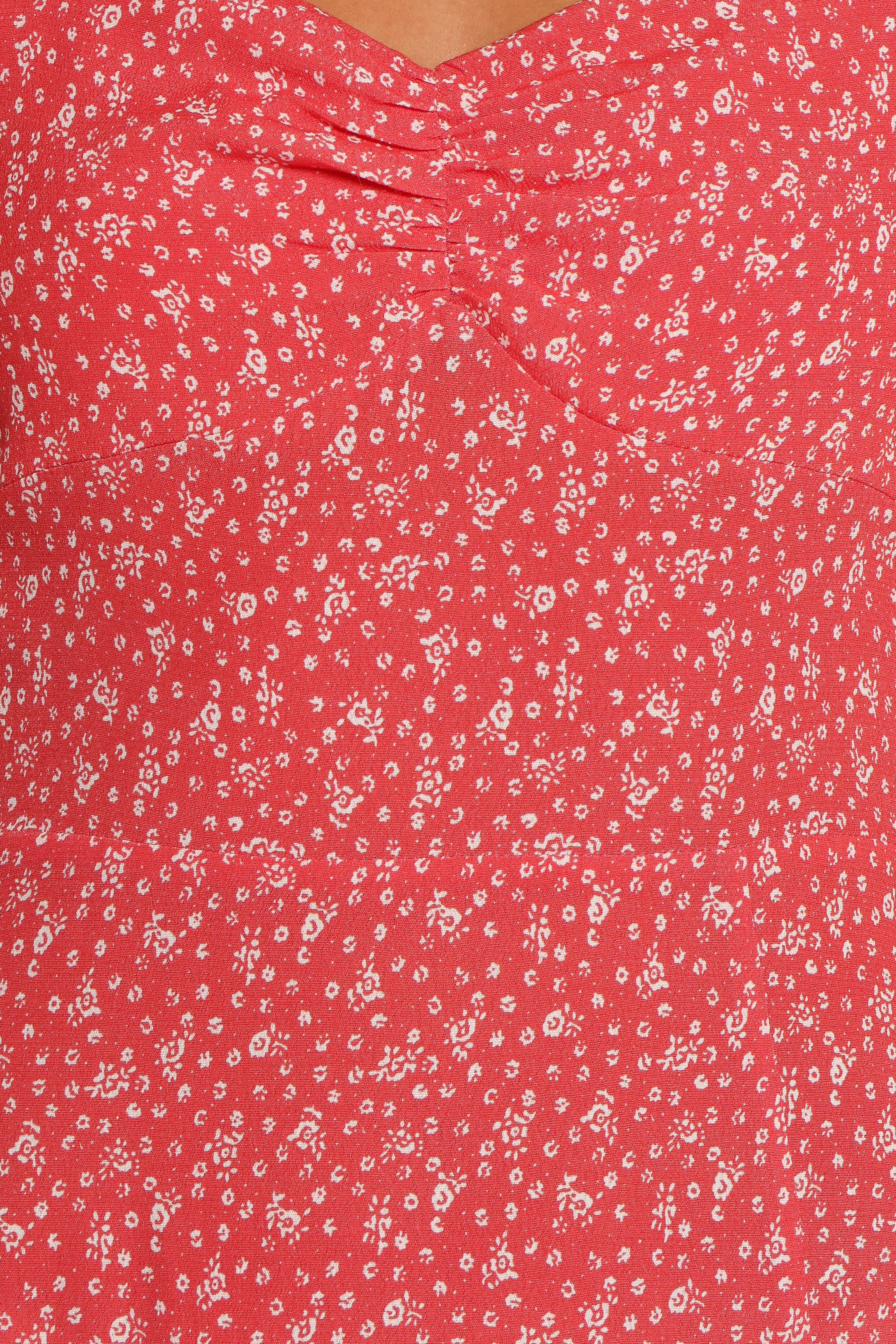 Red Floral Midi Dress with Sweetheart Neckline & Front Split - Franklin