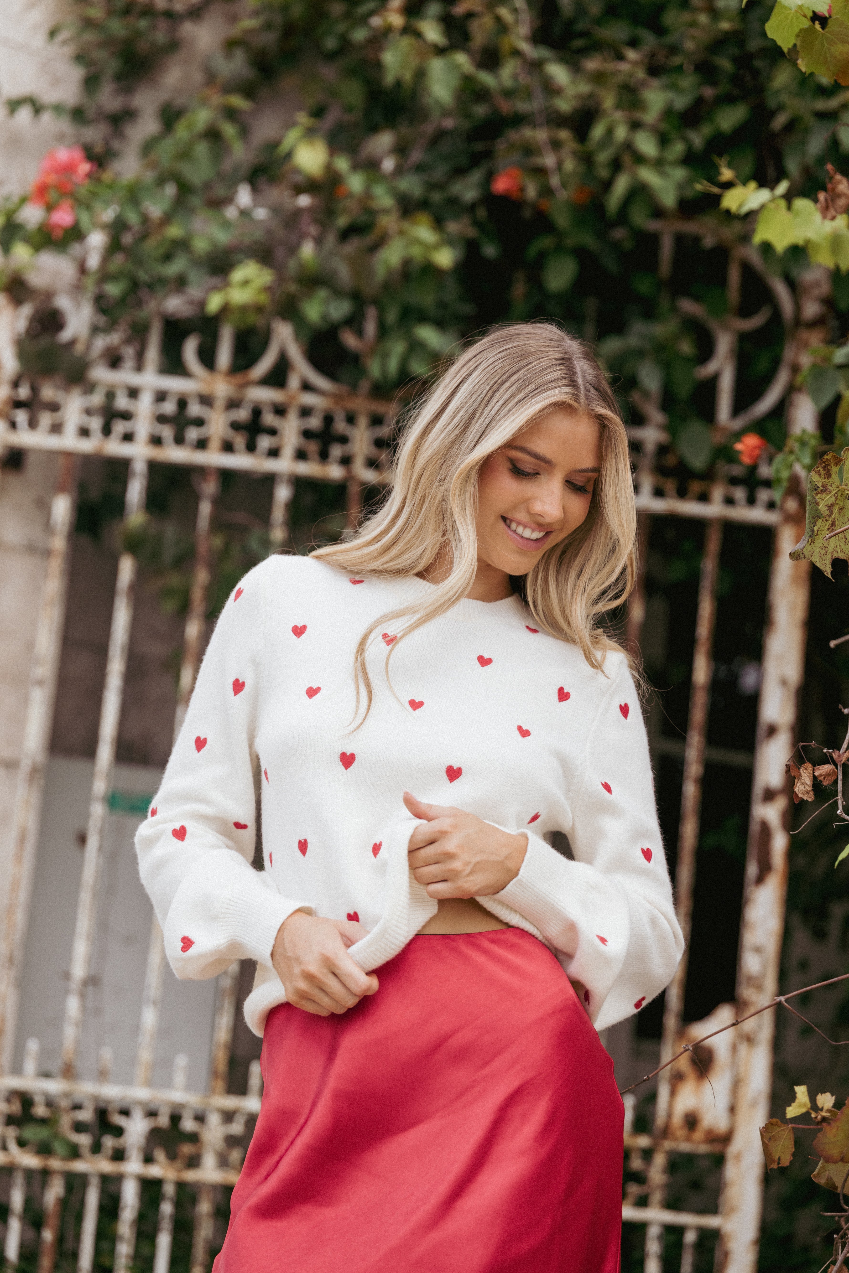 Xadie Heart Pattern Knit Sweater - Cream & Red Relaxed Fit