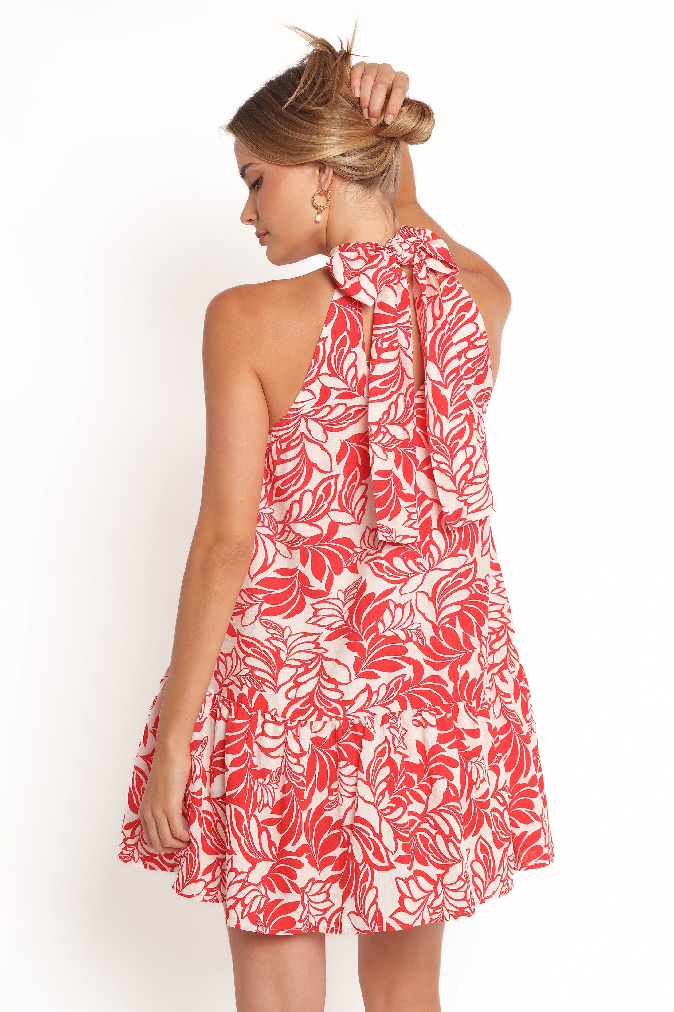 Red Floral Halterneck Mini Dress with Pockets - Inara Smock Style