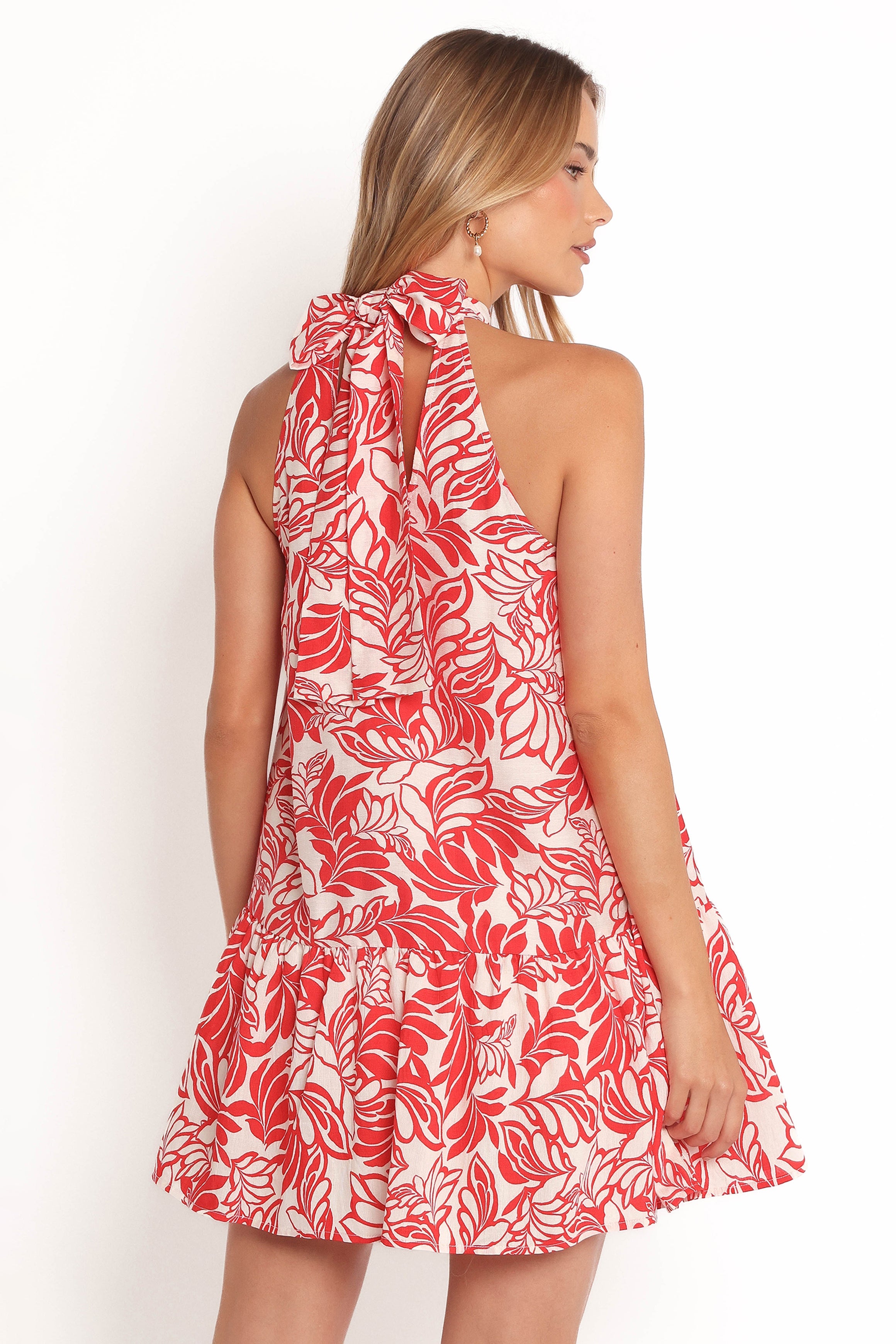 Red Floral Halterneck Mini Dress with Pockets - Inara Smock Style
