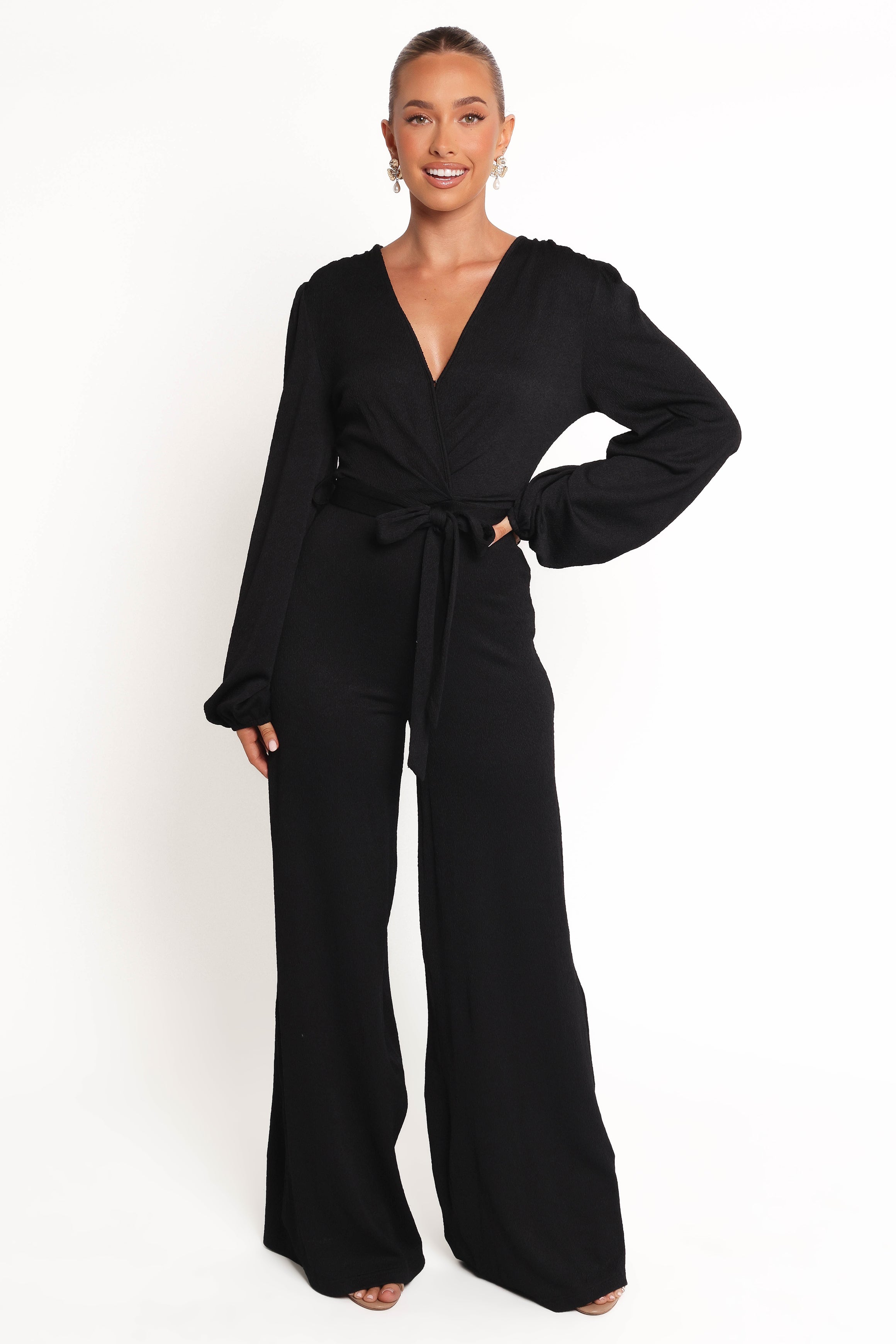 Yelena Black Long Sleeve Jumpsuit with V-Neck & Belt Loops