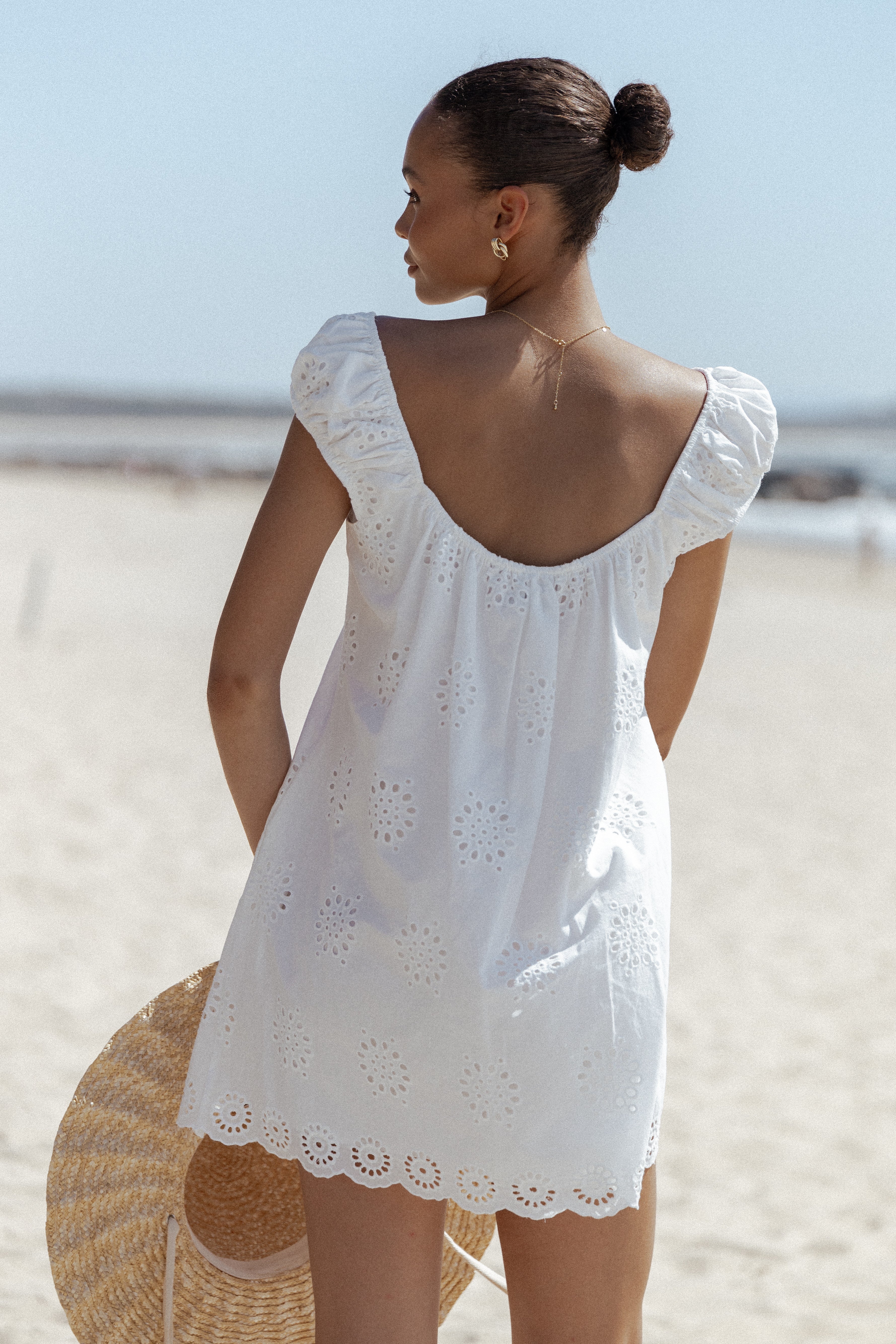 Women's White Floral Embroidered Cotton Mini Dress - Pammy