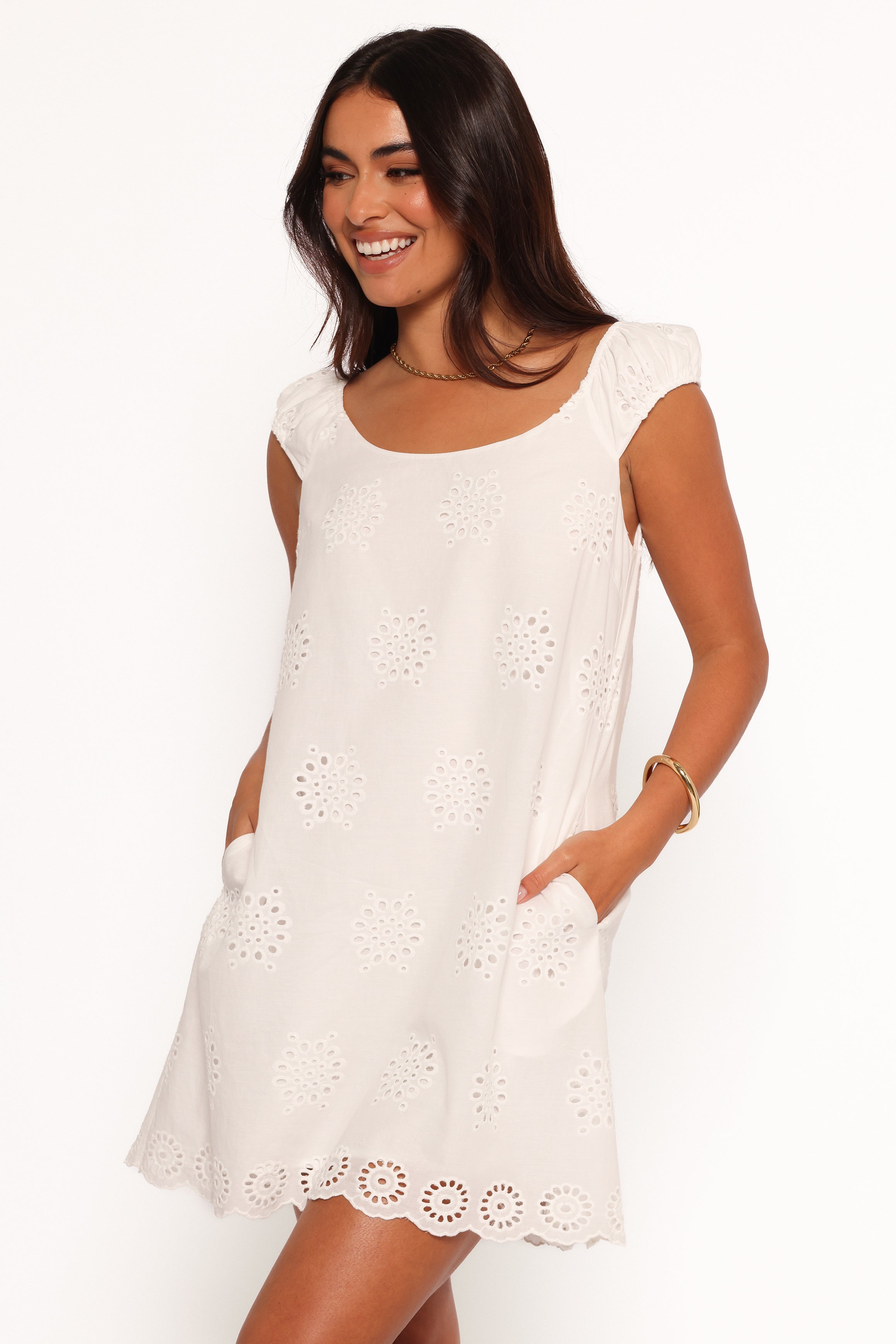 Women's White Floral Embroidered Cotton Mini Dress - Pammy