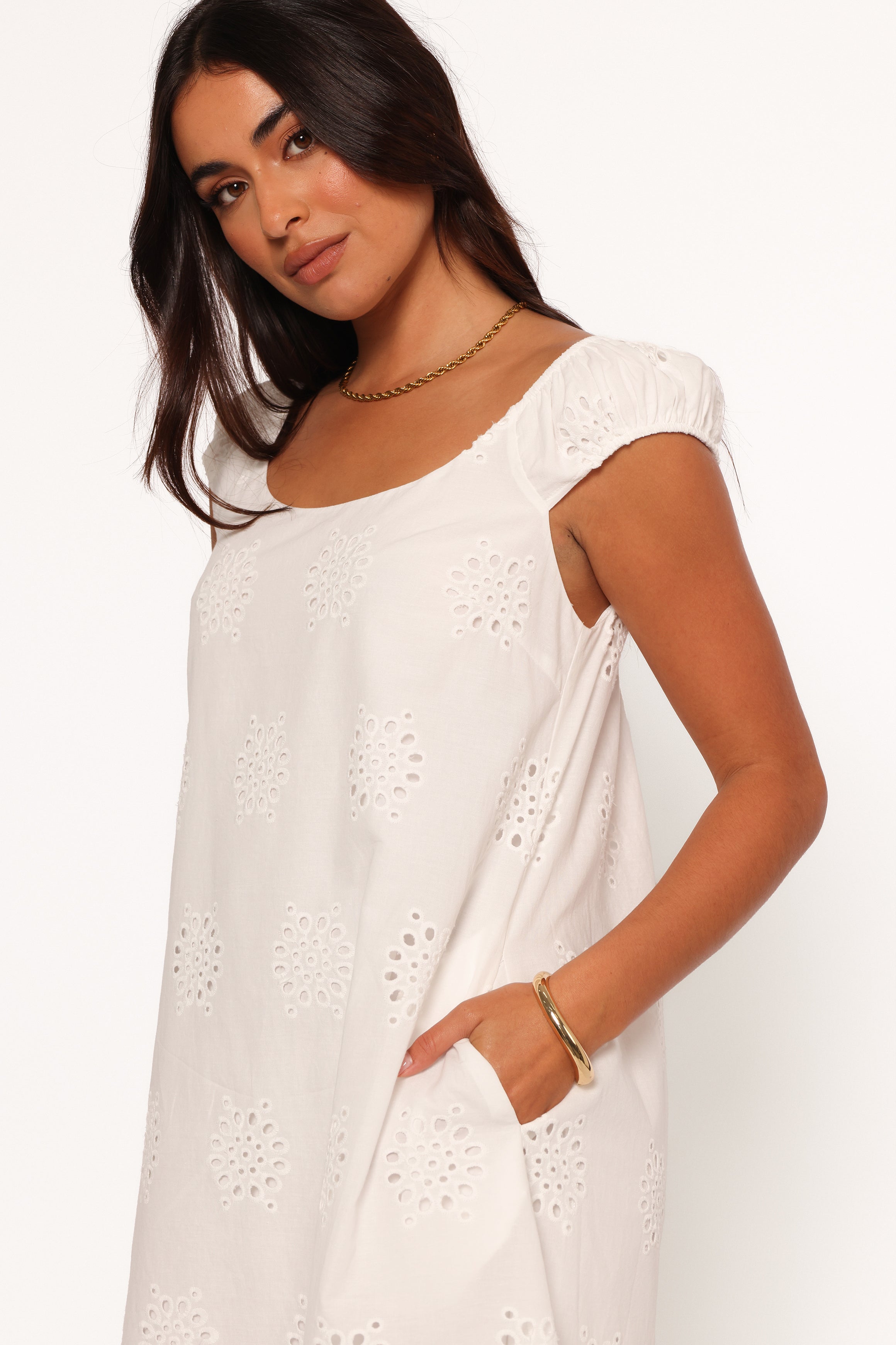 Women's White Floral Embroidered Cotton Mini Dress - Pammy