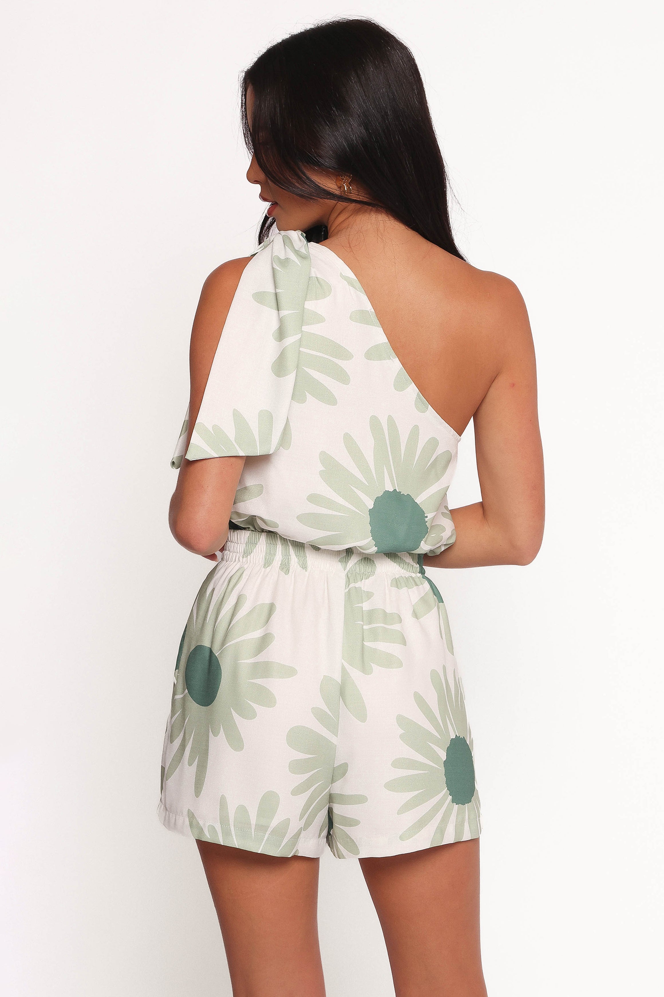 One Shoulder Floral Romper - Sally Green Linen Blend with Pocket
